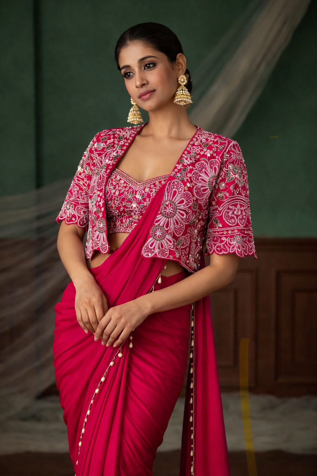 Premium Ready-To-Wear Saree Expertly Tailored With Precise Plats And A Refined Finish With Koti (Jacket)