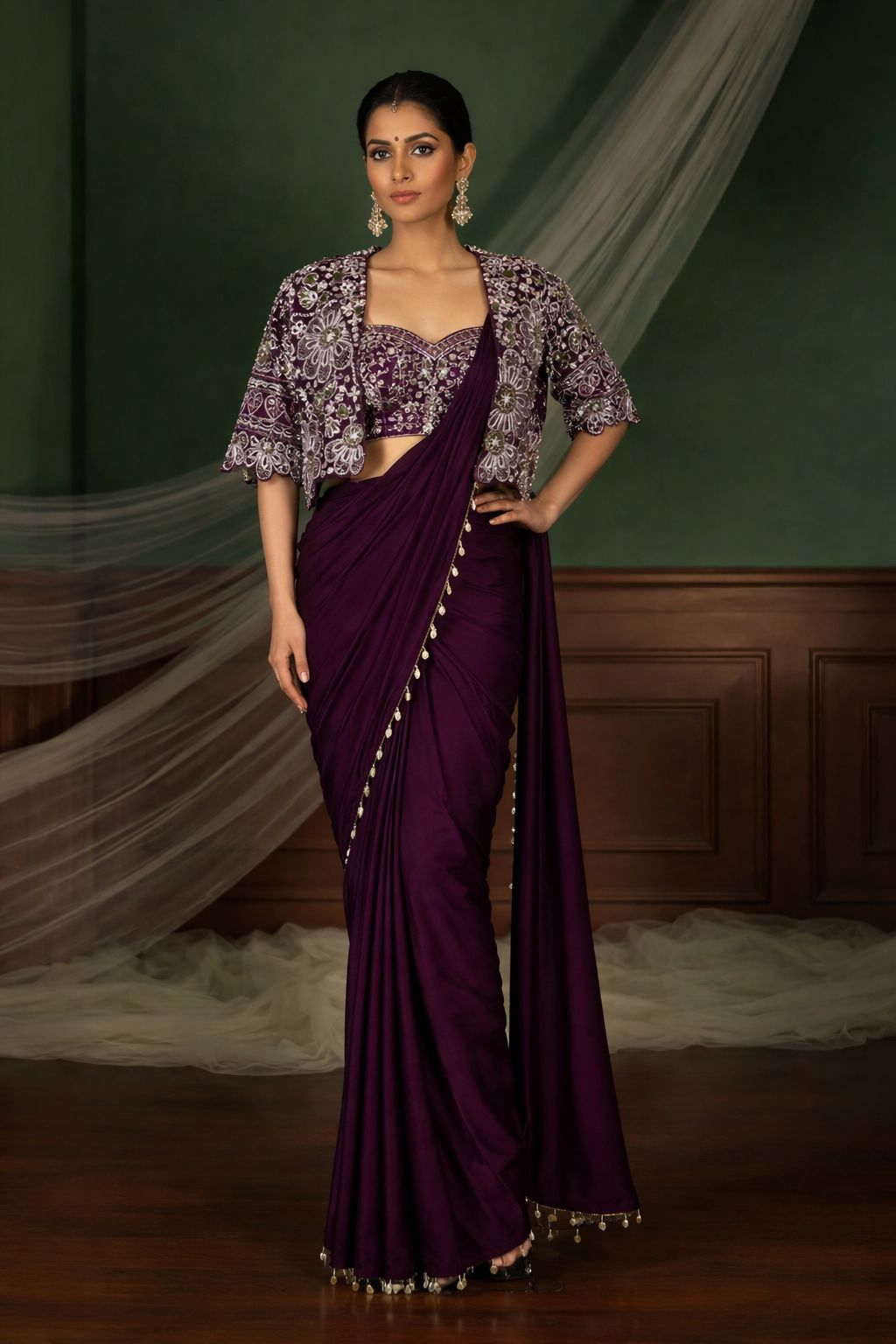 Premium Ready-To-Wear Saree Expertly Tailored With Precise Plats And A Refined Finish With Koti (Jacket)