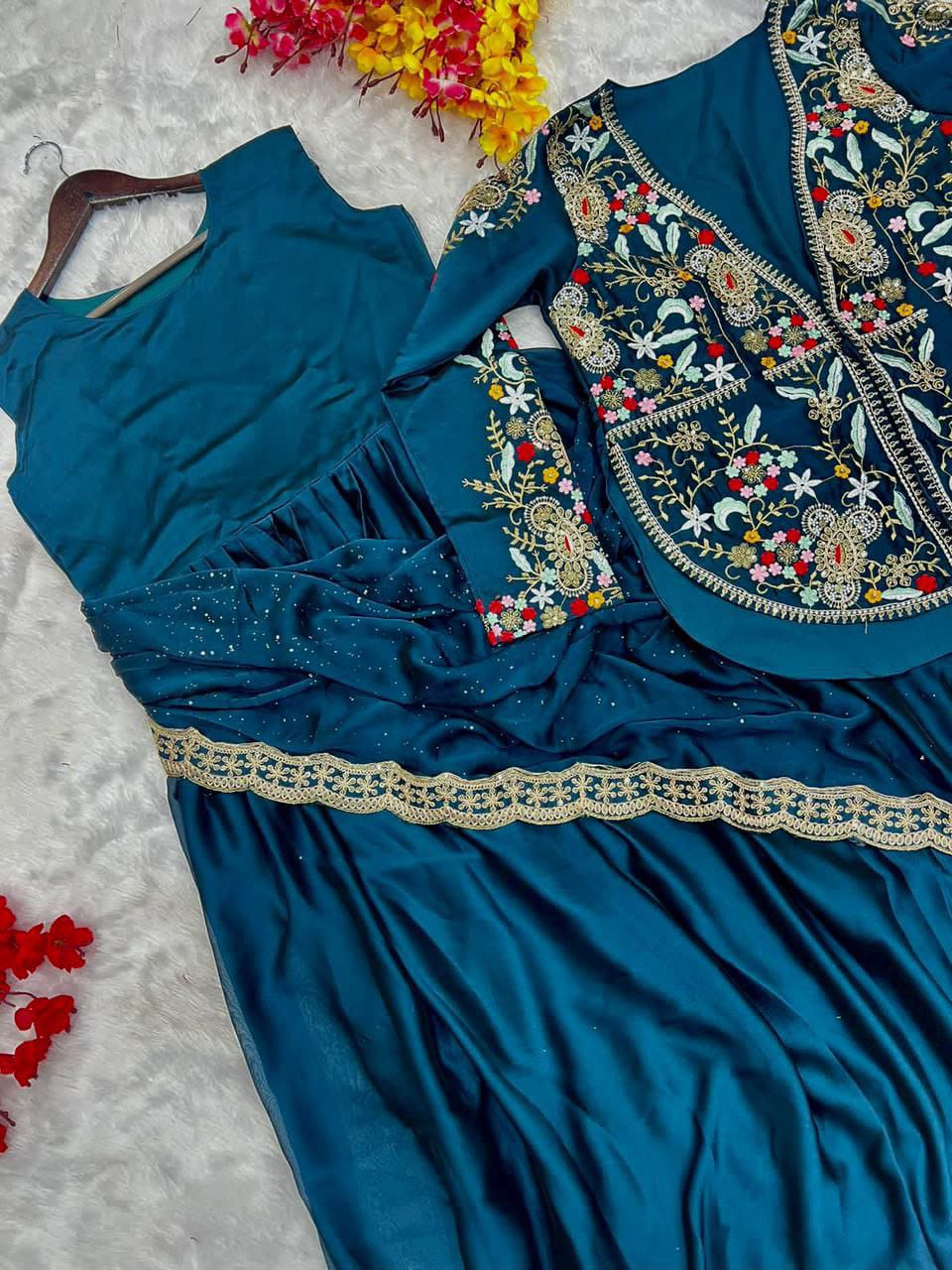 😍Presenting By New Party Wear Designer Gown With Koti And Dupatta😍 (For Size Information See Description)