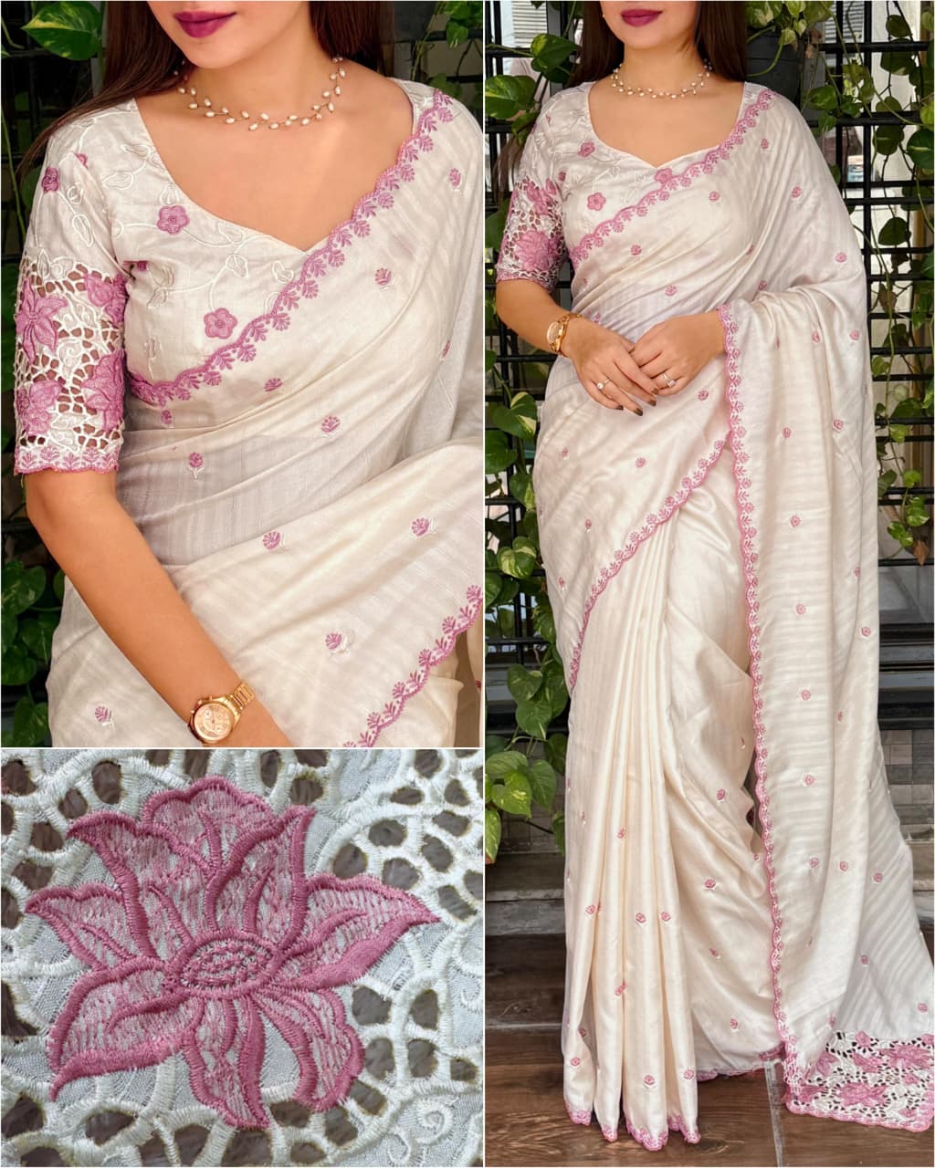 Tusser Cotton Thread Embroidery Work in Saree With Latest Cutwork