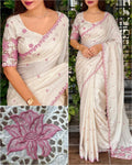 Tusser Cotton Thread Embroidery Work in Saree With Latest Cutwork