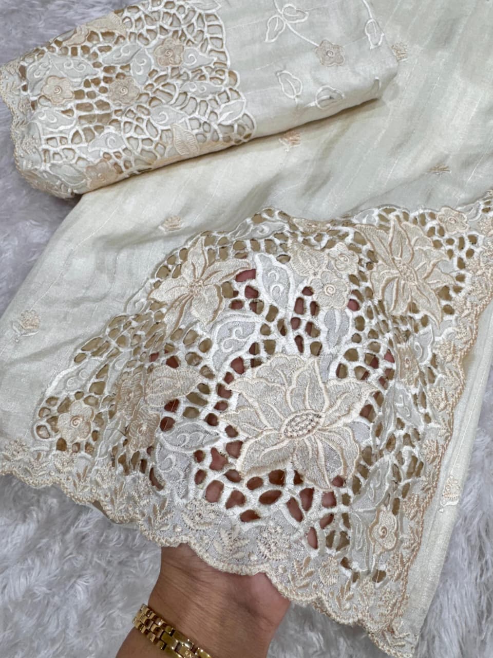 Tusser Cotton Thread Embroidery Work in Saree With Latest Cutwork