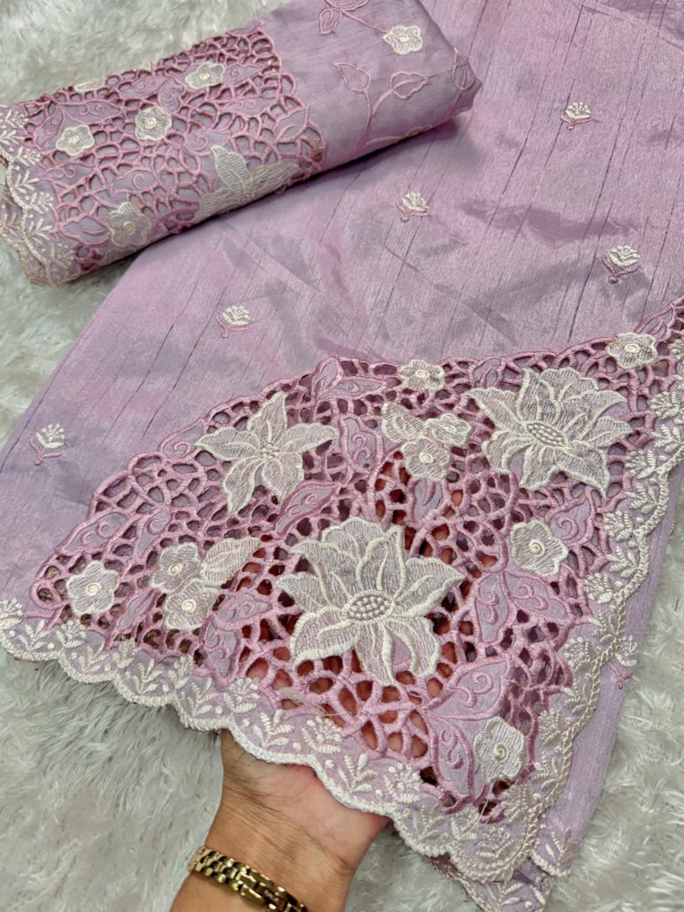 Tusser Cotton Thread Embroidery Work in Saree With Latest Cutwork