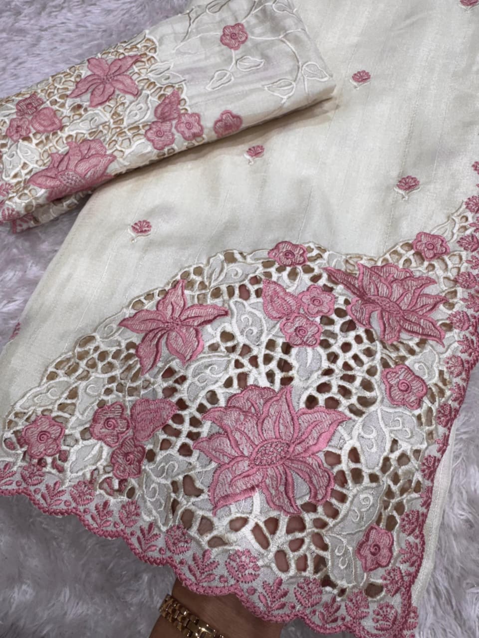 Tusser Cotton Thread Embroidery Work in Saree With Latest Cutwork