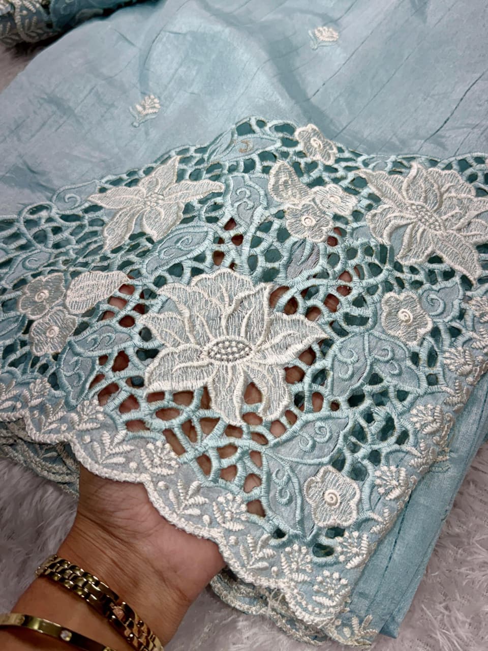 Tusser Cotton Thread Embroidery Work in Saree With Latest Cutwork