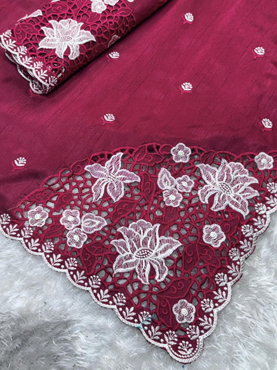 Tusser Cotton Thread Embroidery Work in Saree With Latest Cutwork