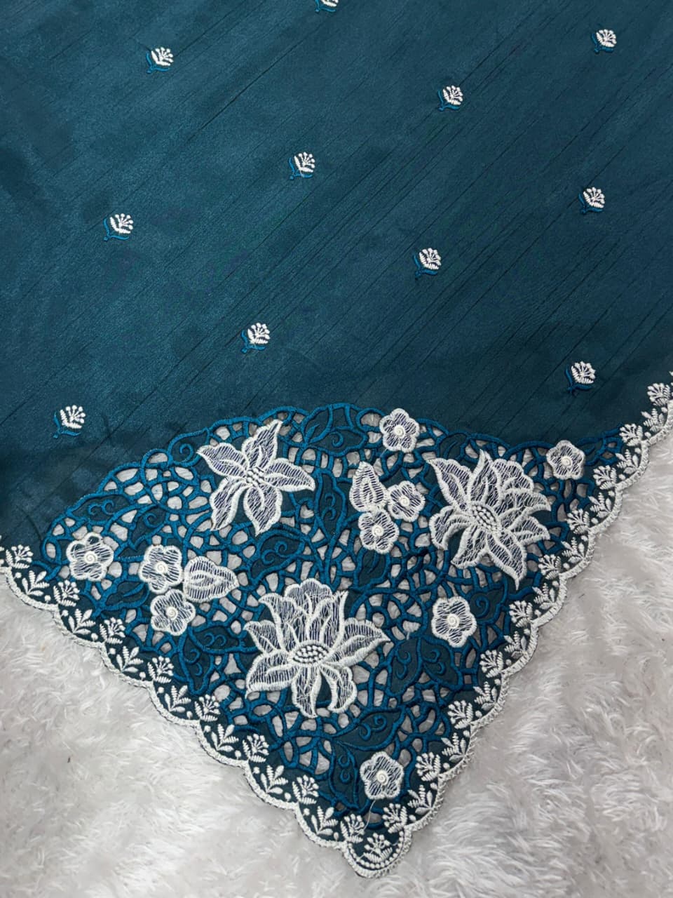 Tusser Cotton Thread Embroidery Work in Saree With Latest Cutwork