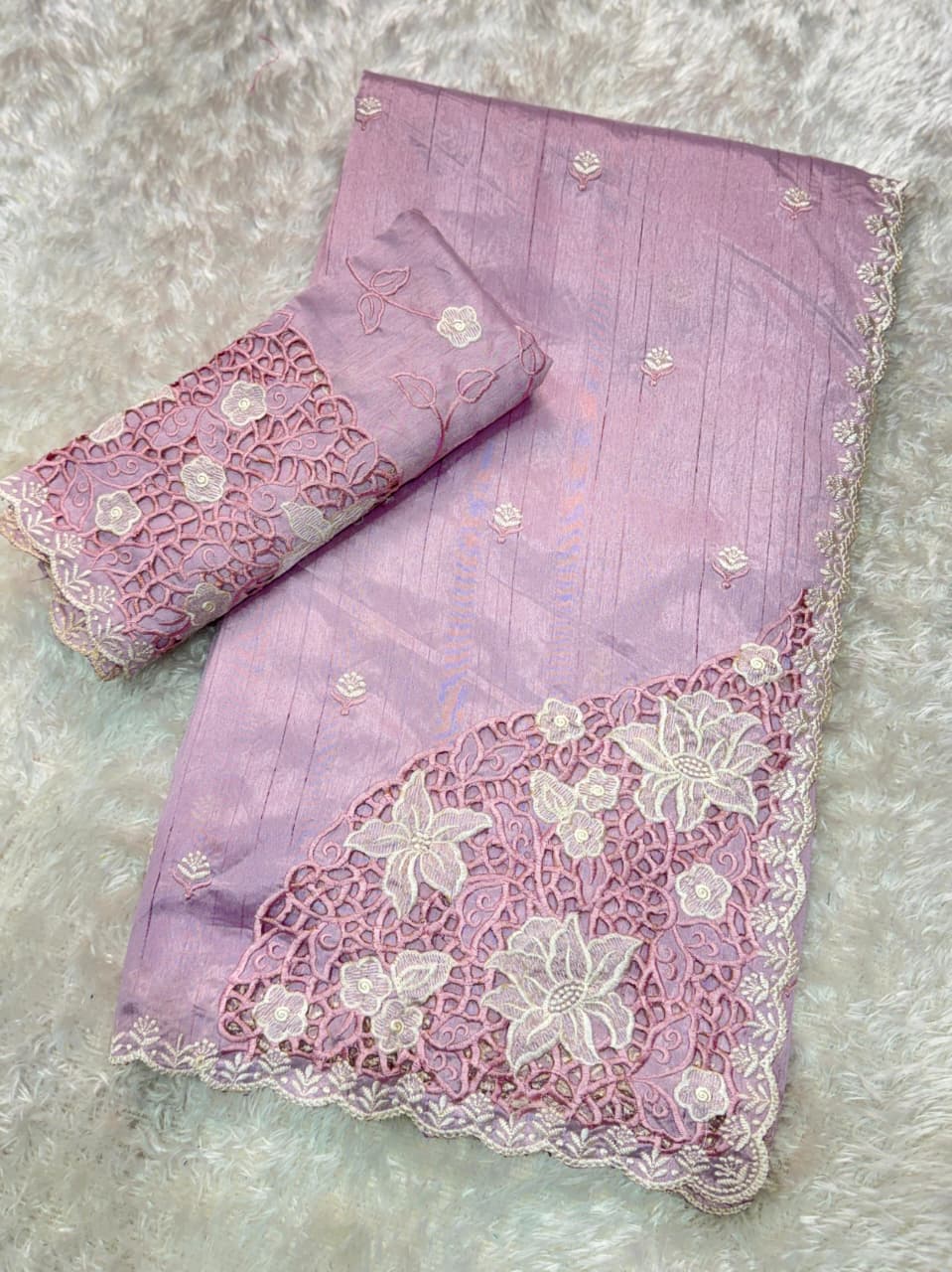 Tusser Cotton Thread Embroidery Work in Saree With Latest Cutwork