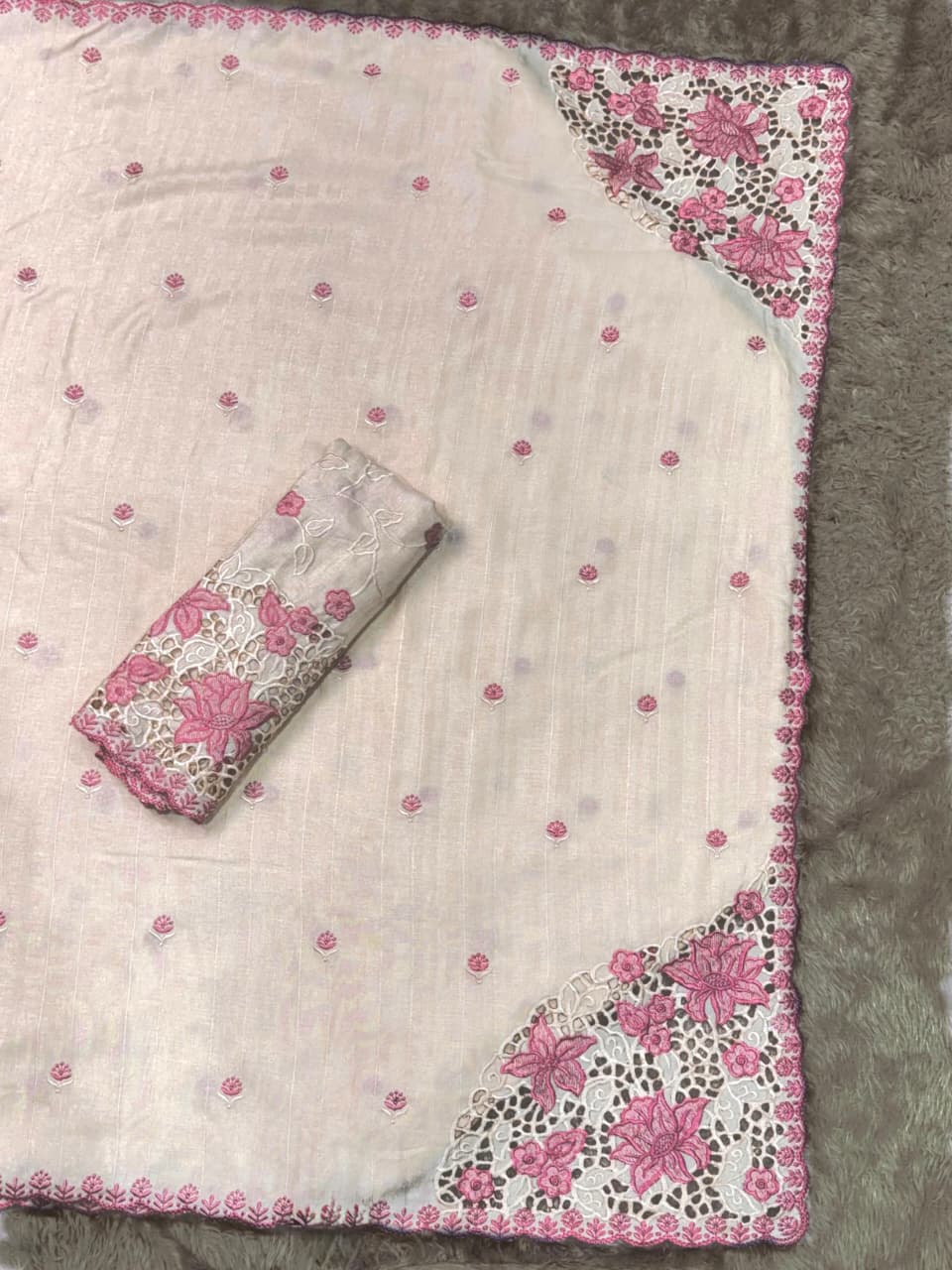 Tusser Cotton Thread Embroidery Work in Saree With Latest Cutwork