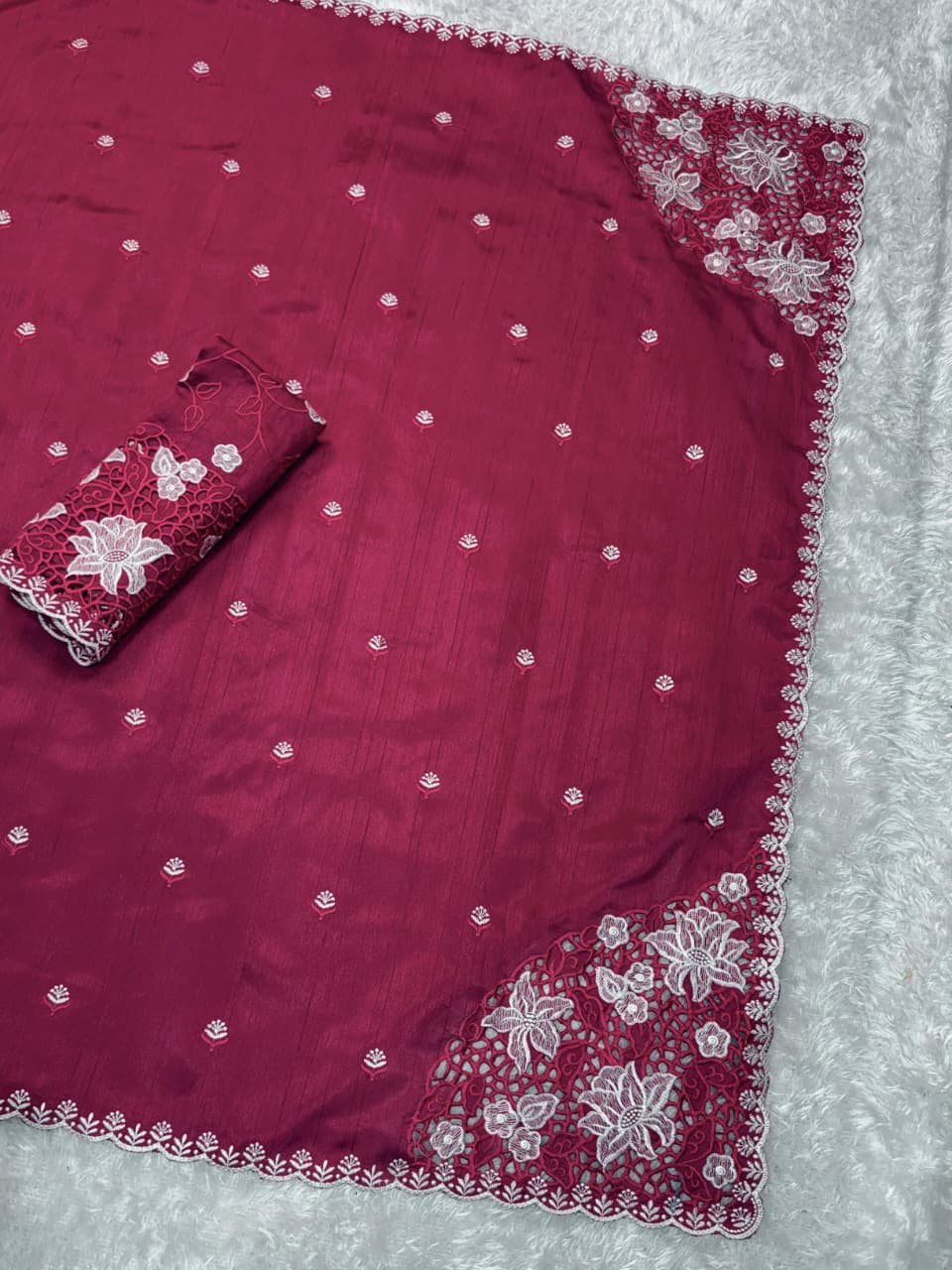 Tusser Cotton Thread Embroidery Work in Saree With Latest Cutwork
