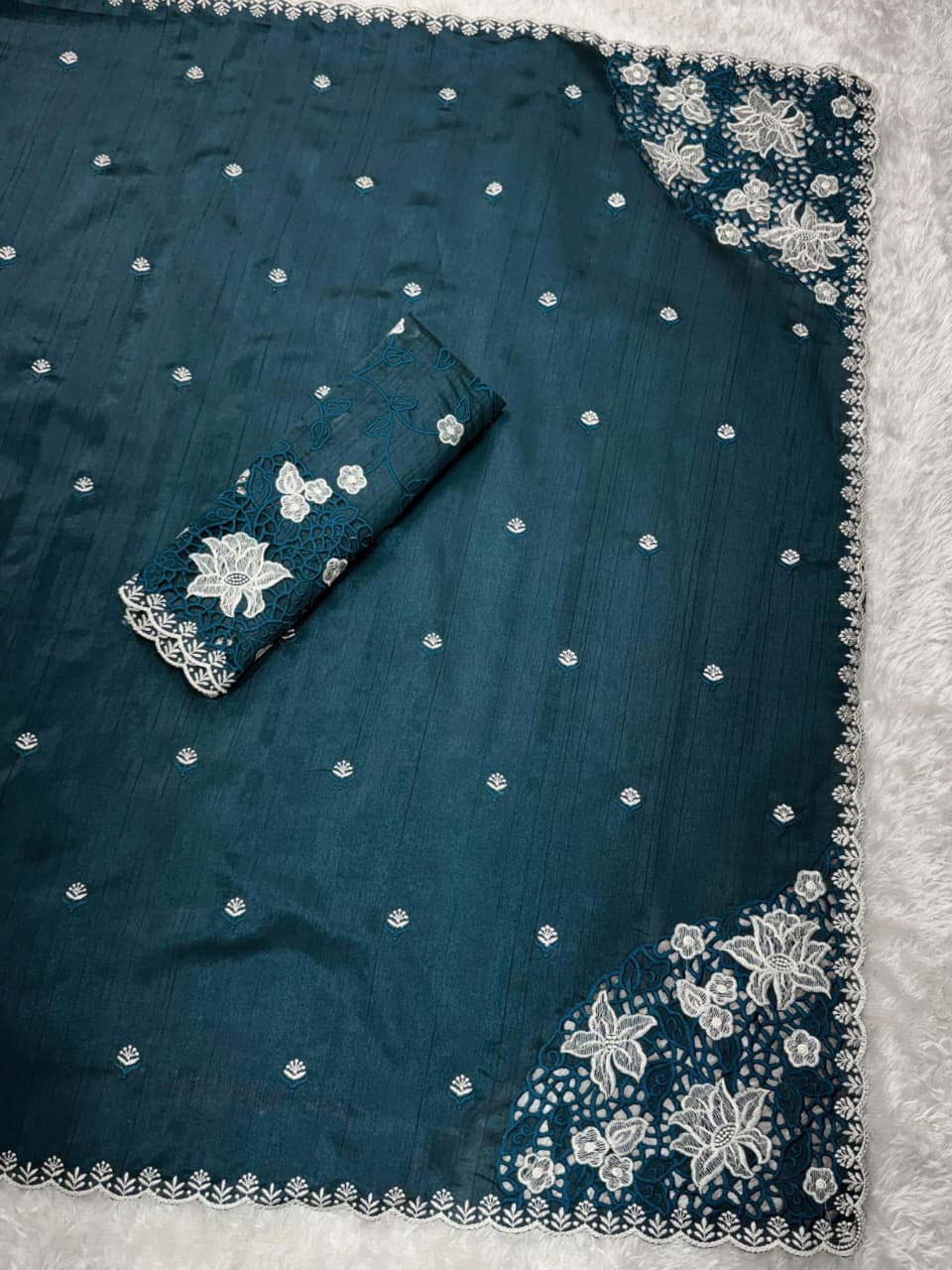 Tusser Cotton Thread Embroidery Work in Saree With Latest Cutwork