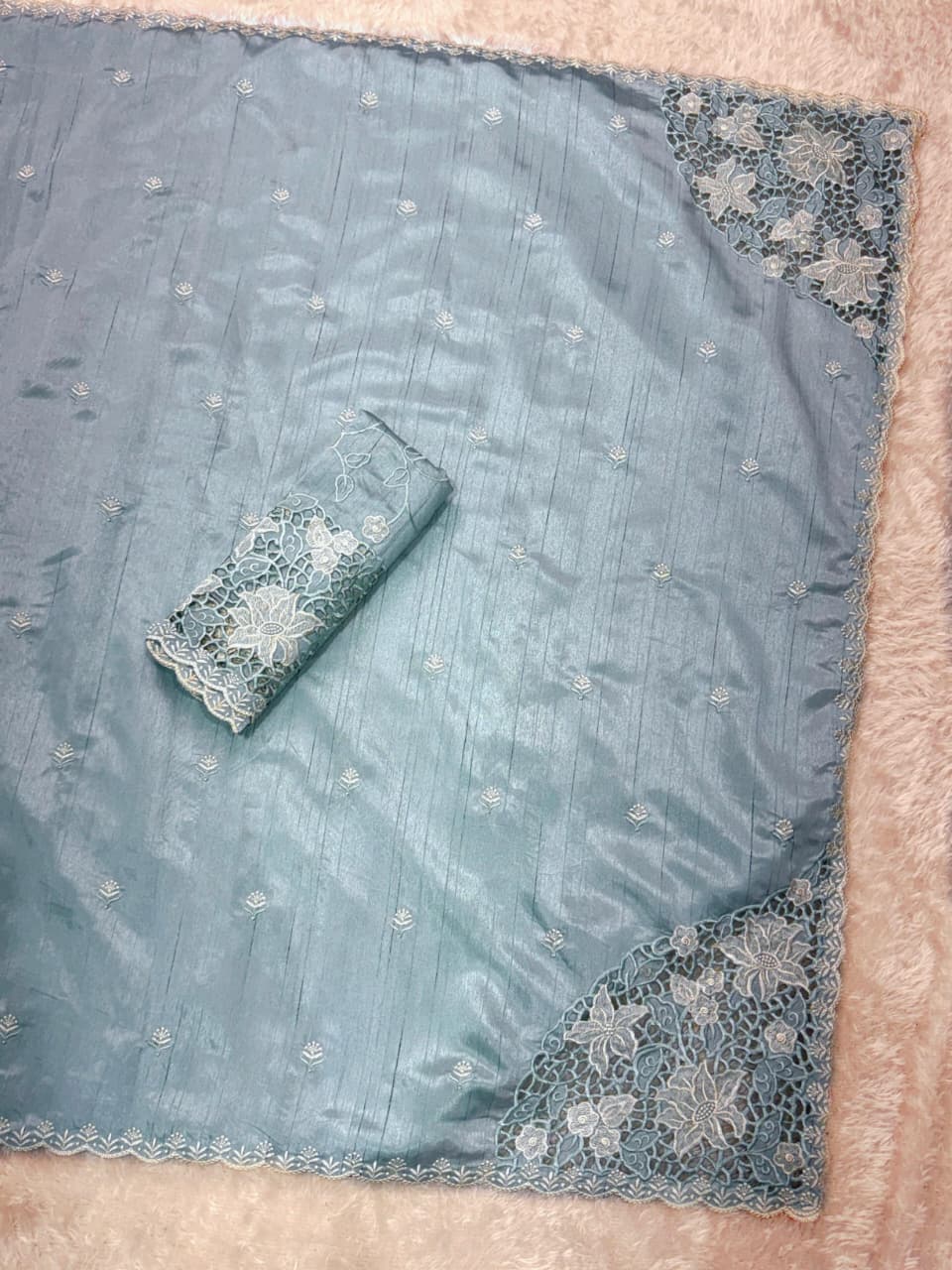 Tusser Cotton Thread Embroidery Work in Saree With Latest Cutwork