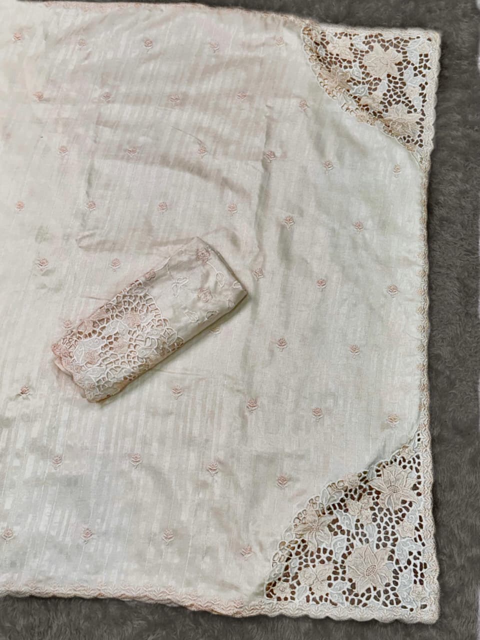 Tusser Cotton Thread Embroidery Work in Saree With Latest Cutwork