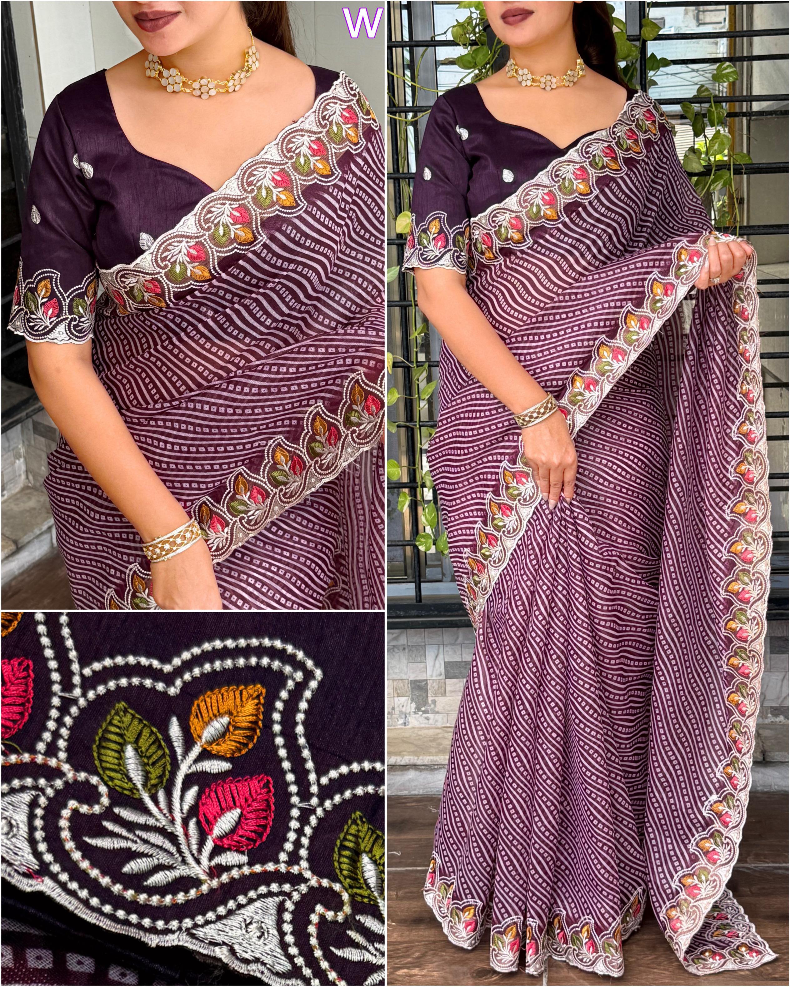 Buy Megha Cotton Embroidered Saree With Zari Border And Bandhani Print