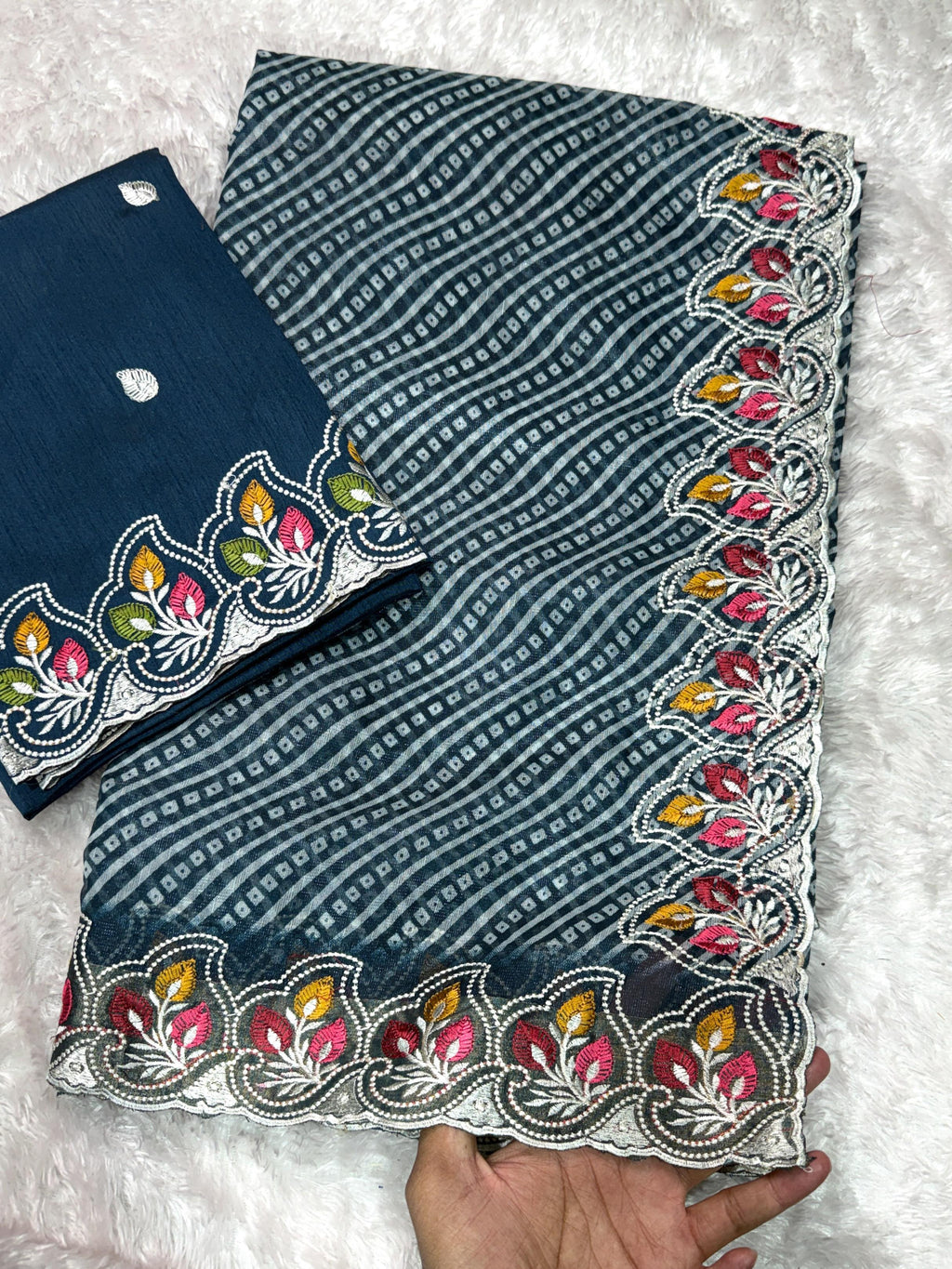 Buy Megha Cotton Embroidered Saree With Zari Border And Bandhani Print