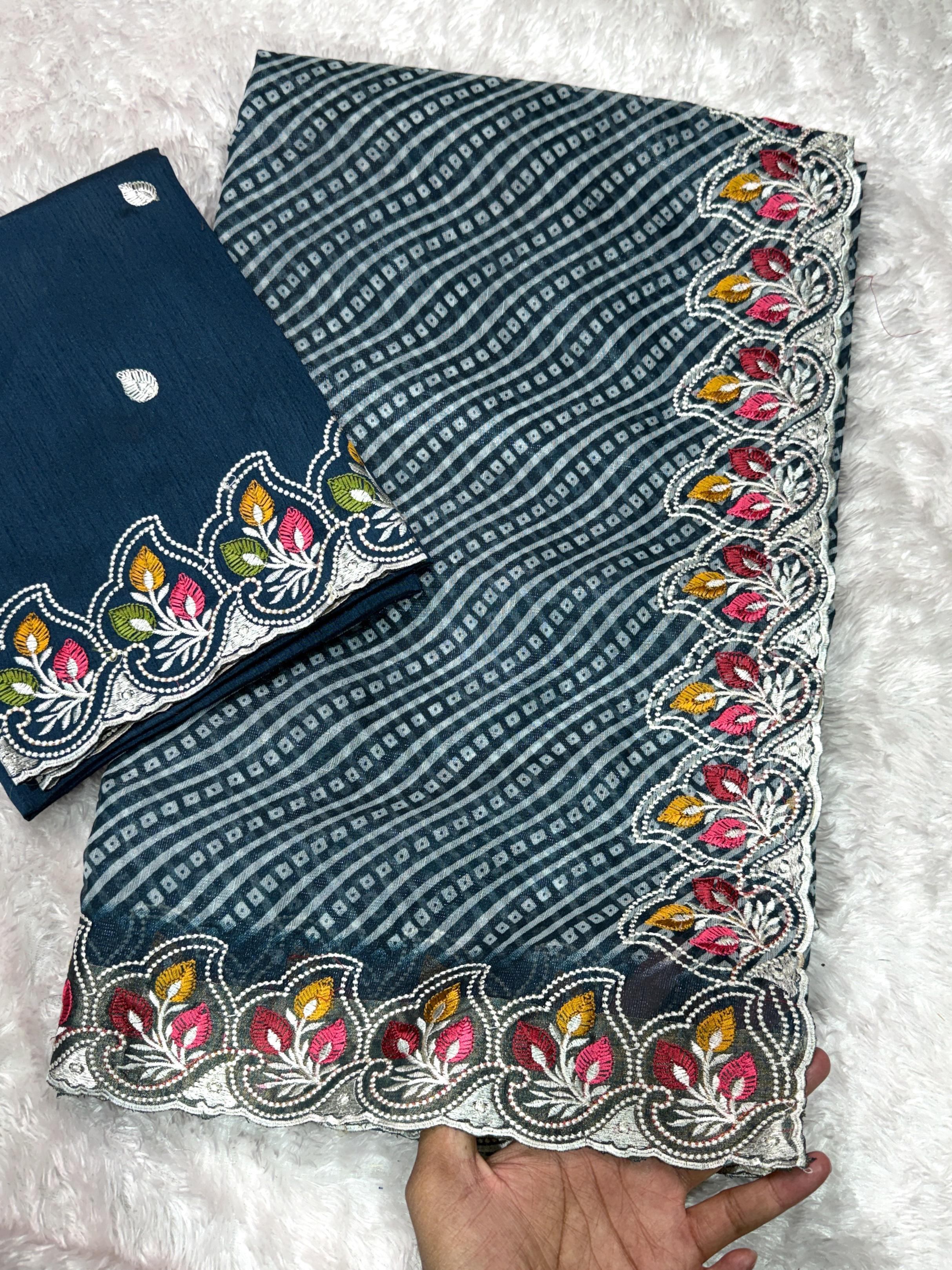 Buy Megha Cotton Embroidered Saree With Zari Border And Bandhani Print