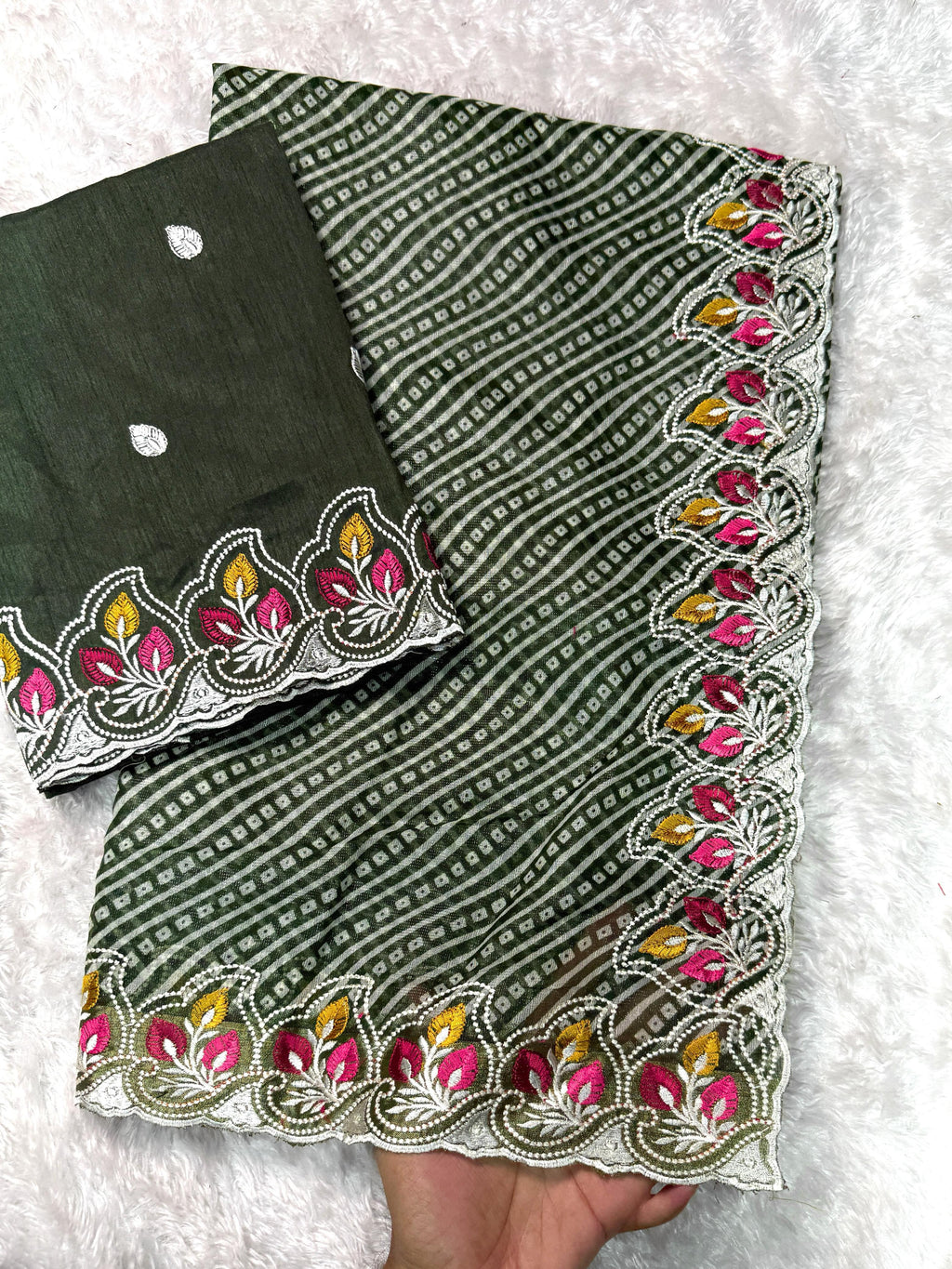 Buy Megha Cotton Embroidered Saree With Zari Border And Bandhani Print