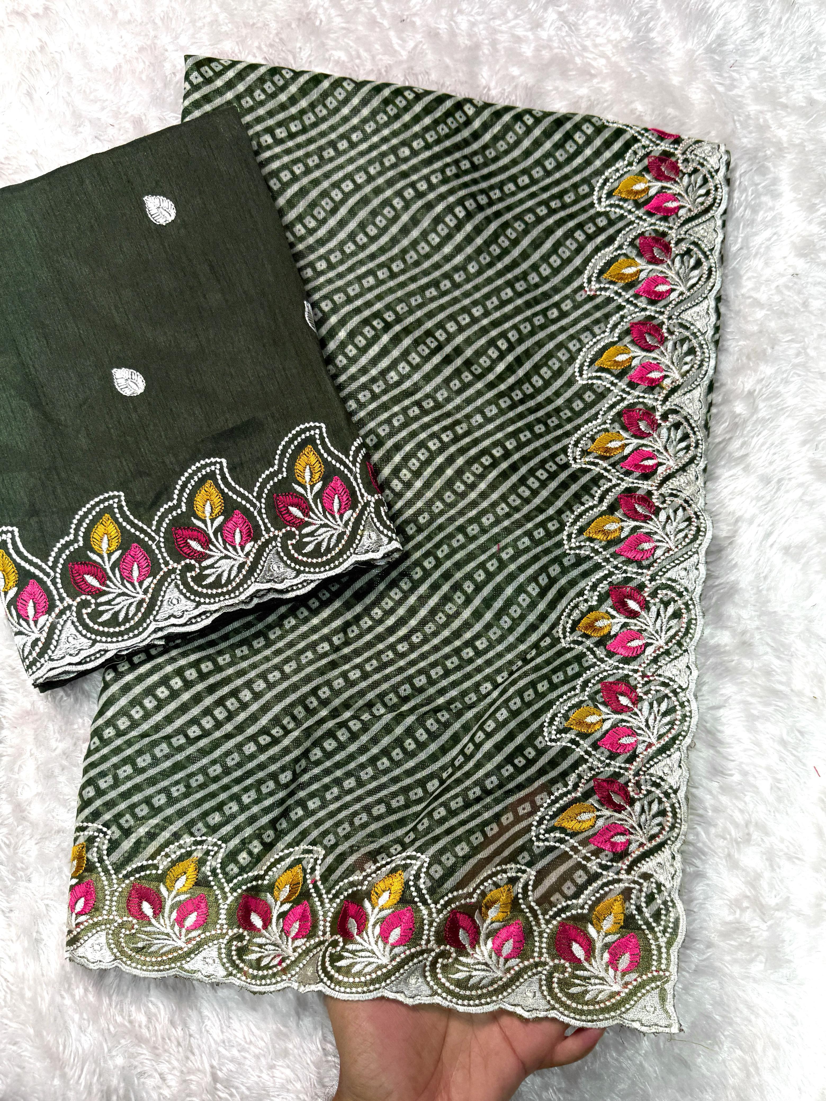 Buy Megha Cotton Embroidered Saree With Zari Border And Bandhani Print