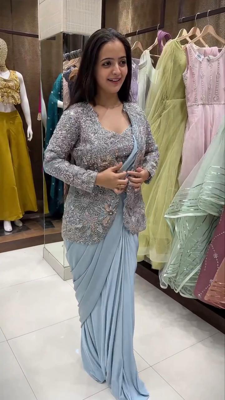 Premium Crepe Silk Ready-To-Wear Saree With Koti (jacket) Expertly Tailored With Precise Pleats and A Refined Finish