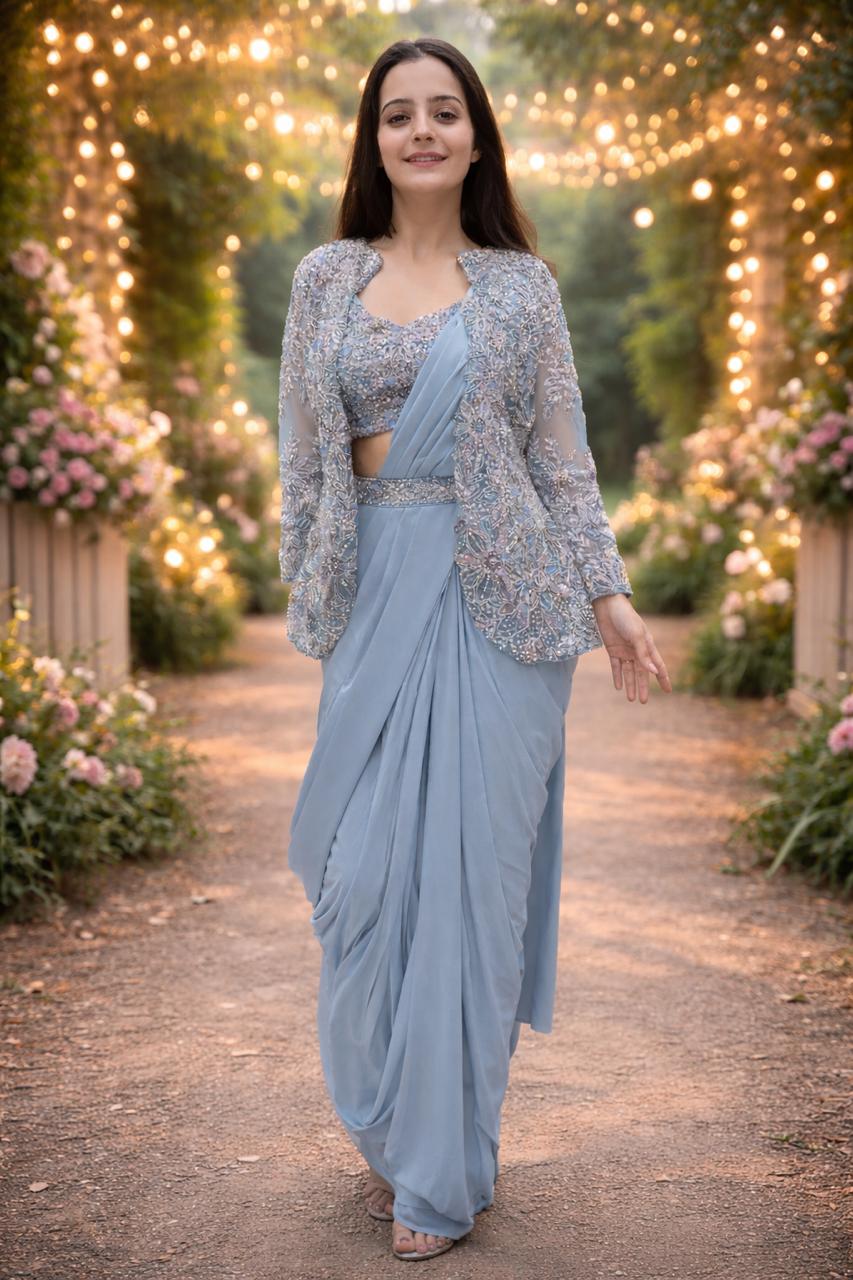 Premium Crepe Silk Ready-To-Wear Saree With Koti (jacket) Expertly Tailored With Precise Pleats and A Refined Finish