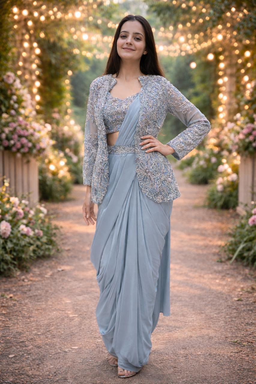 Premium Crepe Silk Ready-To-Wear Saree With Koti (jacket) Expertly Tailored With Precise Pleats and A Refined Finish