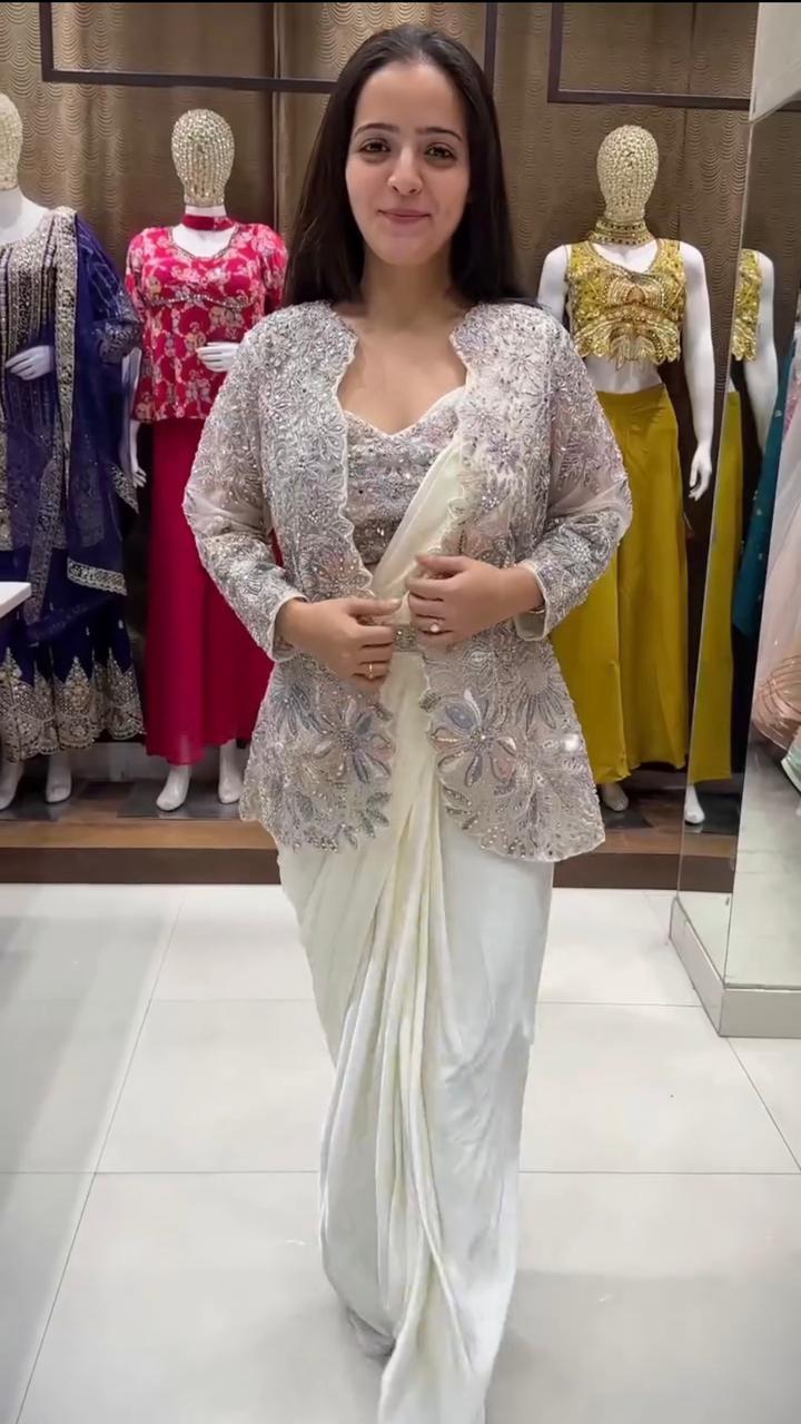 Premium Crepe Silk Ready-To-Wear Saree With Koti (jacket) Expertly Tailored With Precise Pleats and A Refined Finish
