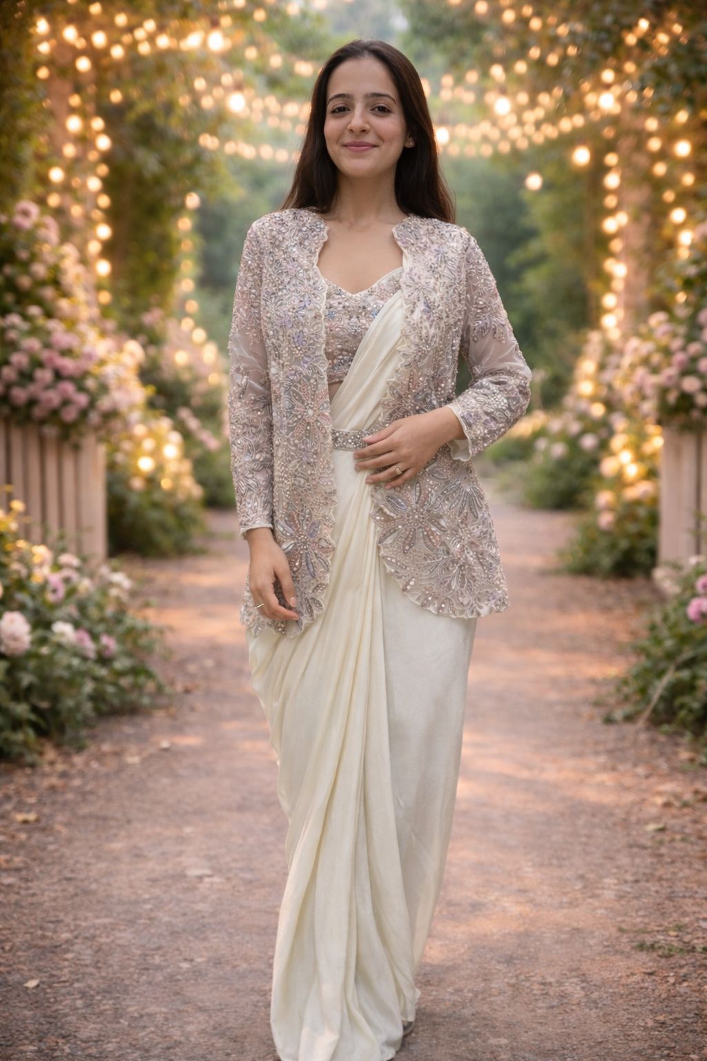 Premium Crepe Silk Ready-To-Wear Saree With Koti (jacket) Expertly Tailored With Precise Pleats and A Refined Finish