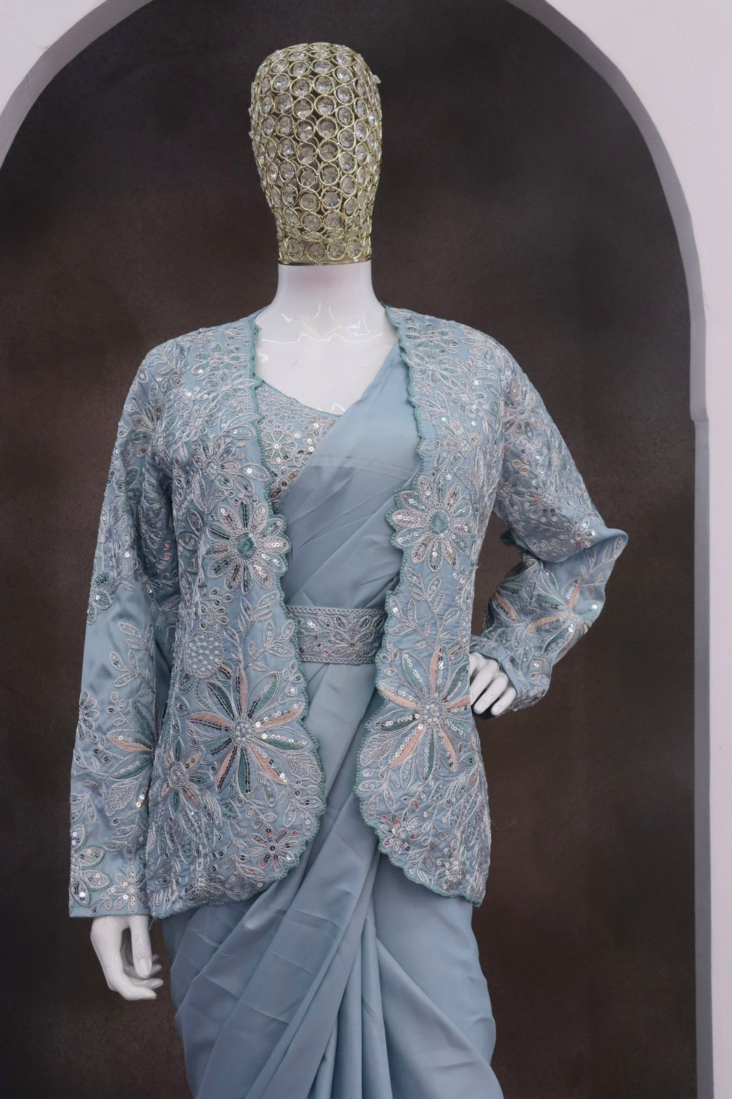 Premium Crepe Silk Ready-To-Wear Saree With Koti (jacket) Expertly Tailored With Precise Pleats and A Refined Finish