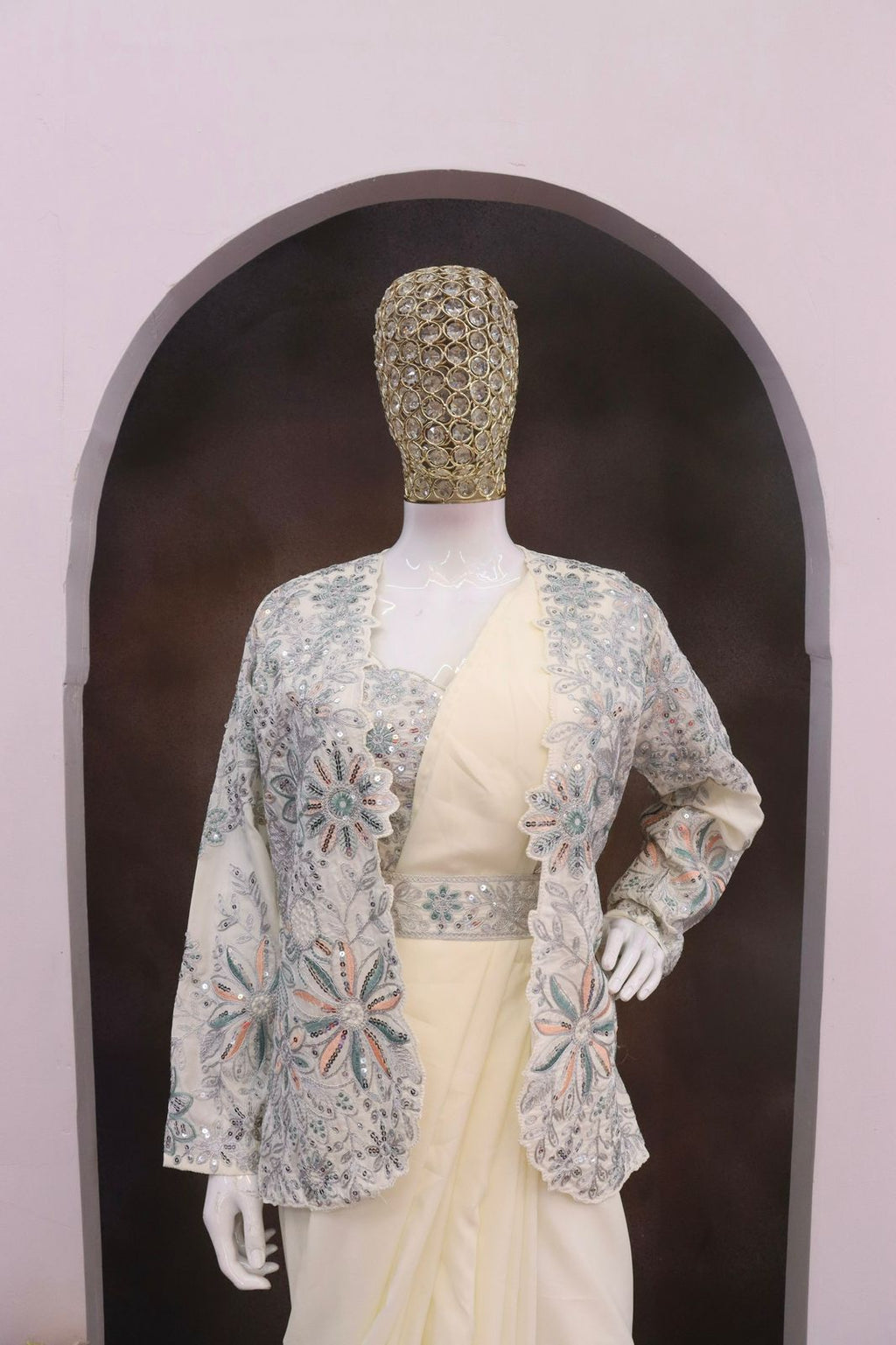 Premium Crepe Silk Ready-To-Wear Saree With Koti (jacket) Expertly Tailored With Precise Pleats and A Refined Finish