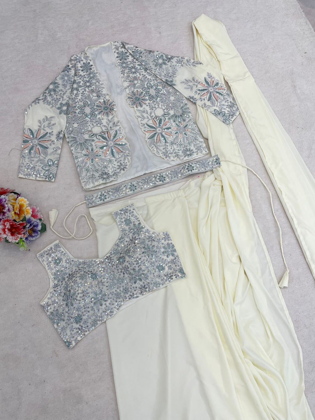 Premium Crepe Silk Ready-To-Wear Saree With Koti (jacket) Expertly Tailored With Precise Pleats and A Refined Finish