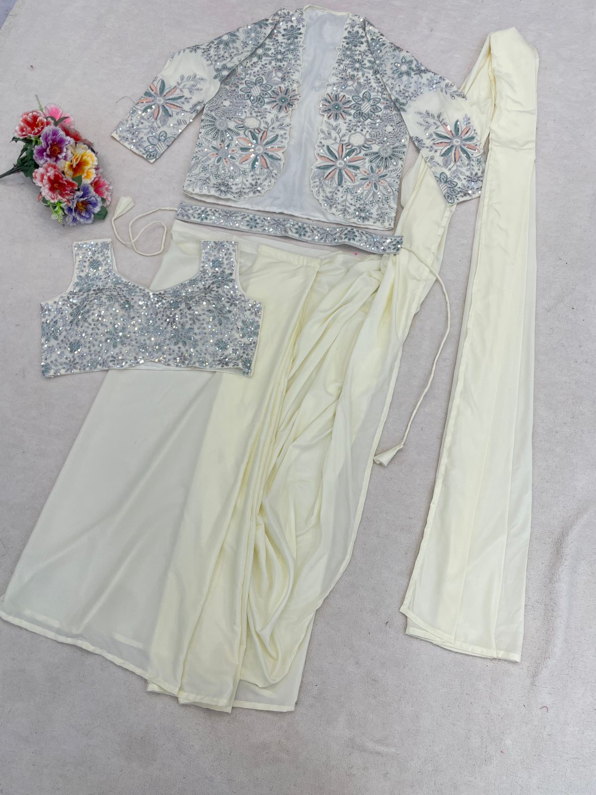 Premium Crepe Silk Ready-To-Wear Saree With Koti (jacket) Expertly Tailored With Precise Pleats and A Refined Finish