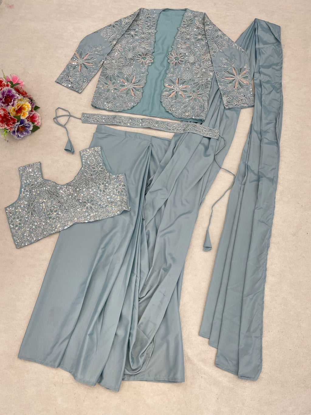 Premium Crepe Silk Ready-To-Wear Saree With Koti (jacket) Expertly Tailored With Precise Pleats and A Refined Finish