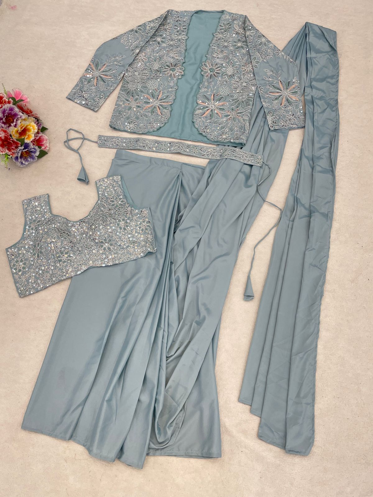 Premium Crepe Silk Ready-To-Wear Saree With Koti (jacket) Expertly Tailored With Precise Pleats and A Refined Finish
