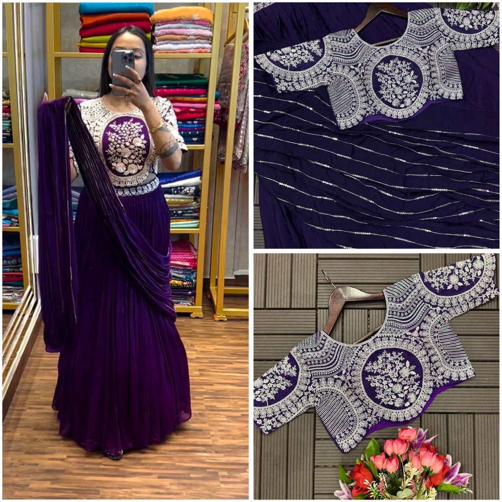 Buy NEW DESIGNER PARTY WEAR "LEHENGA SAREE" WITH STICH BLOUSE WITH EMBROIDERY WORK