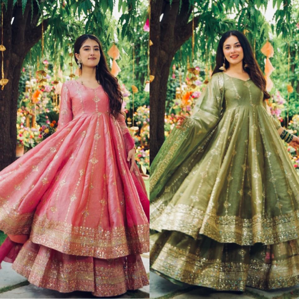 Rose Crunchy Silk Anarkali Gown With Sharara Set with Heavy Zari Embroidery