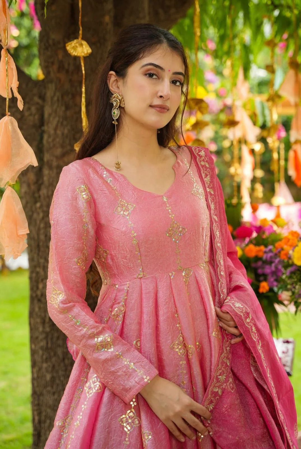 Rose Crunchy Silk Anarkali Gown With Sharara Set with Heavy Zari Embroidery