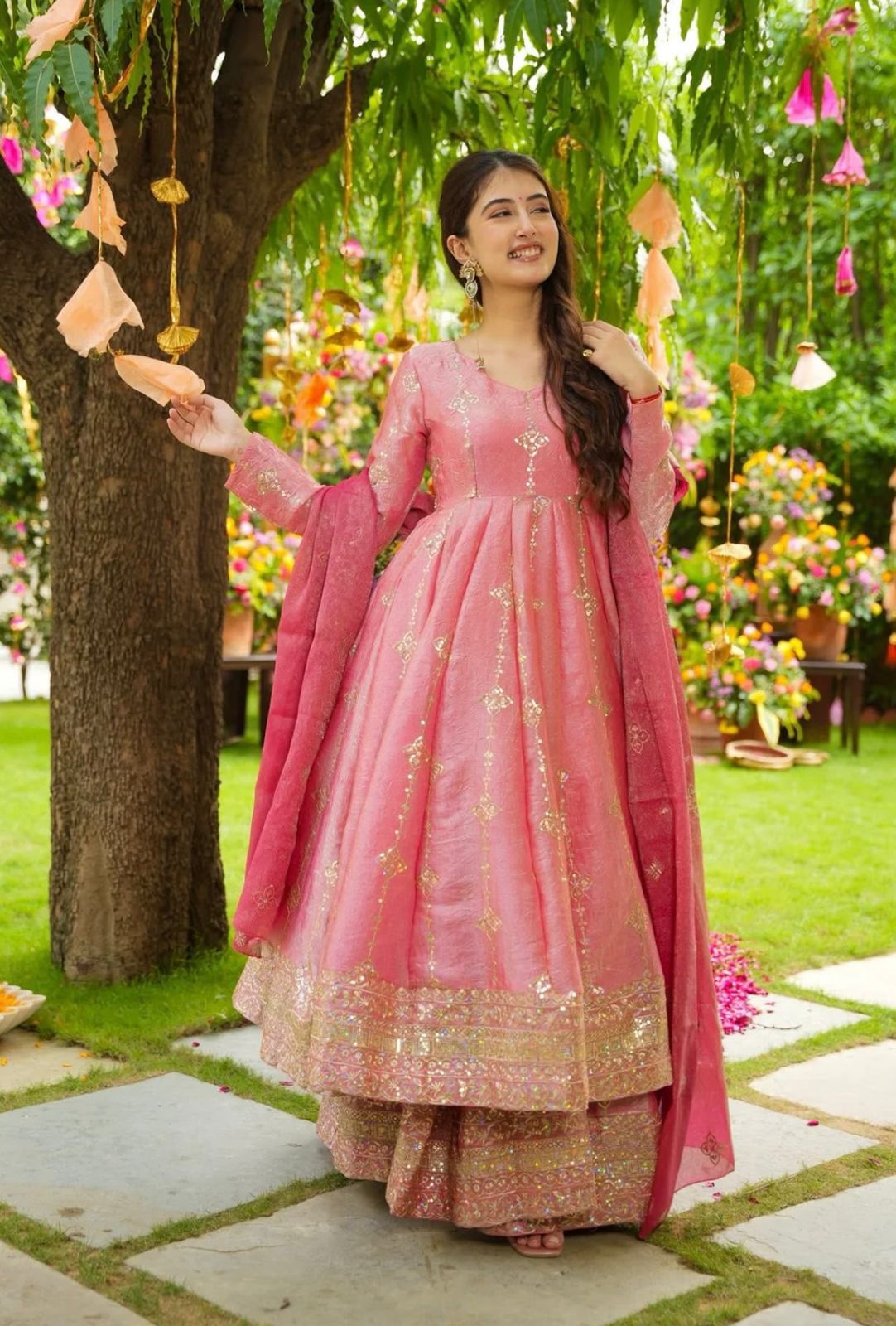 Rose Crunchy Silk Anarkali Gown With Sharara Set with Heavy Zari Embroidery