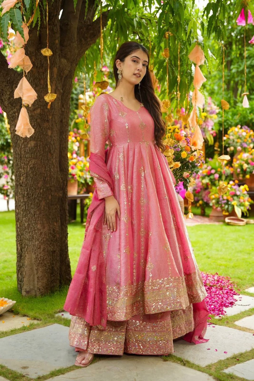 Rose Crunchy Silk Anarkali Gown With Sharara Set with Heavy Zari Embroidery