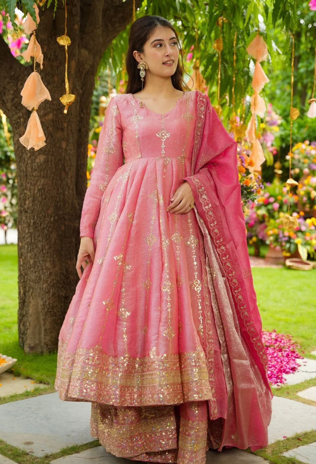 Rose Crunchy Silk Anarkali Gown With Sharara Set with Heavy Zari Embroidery