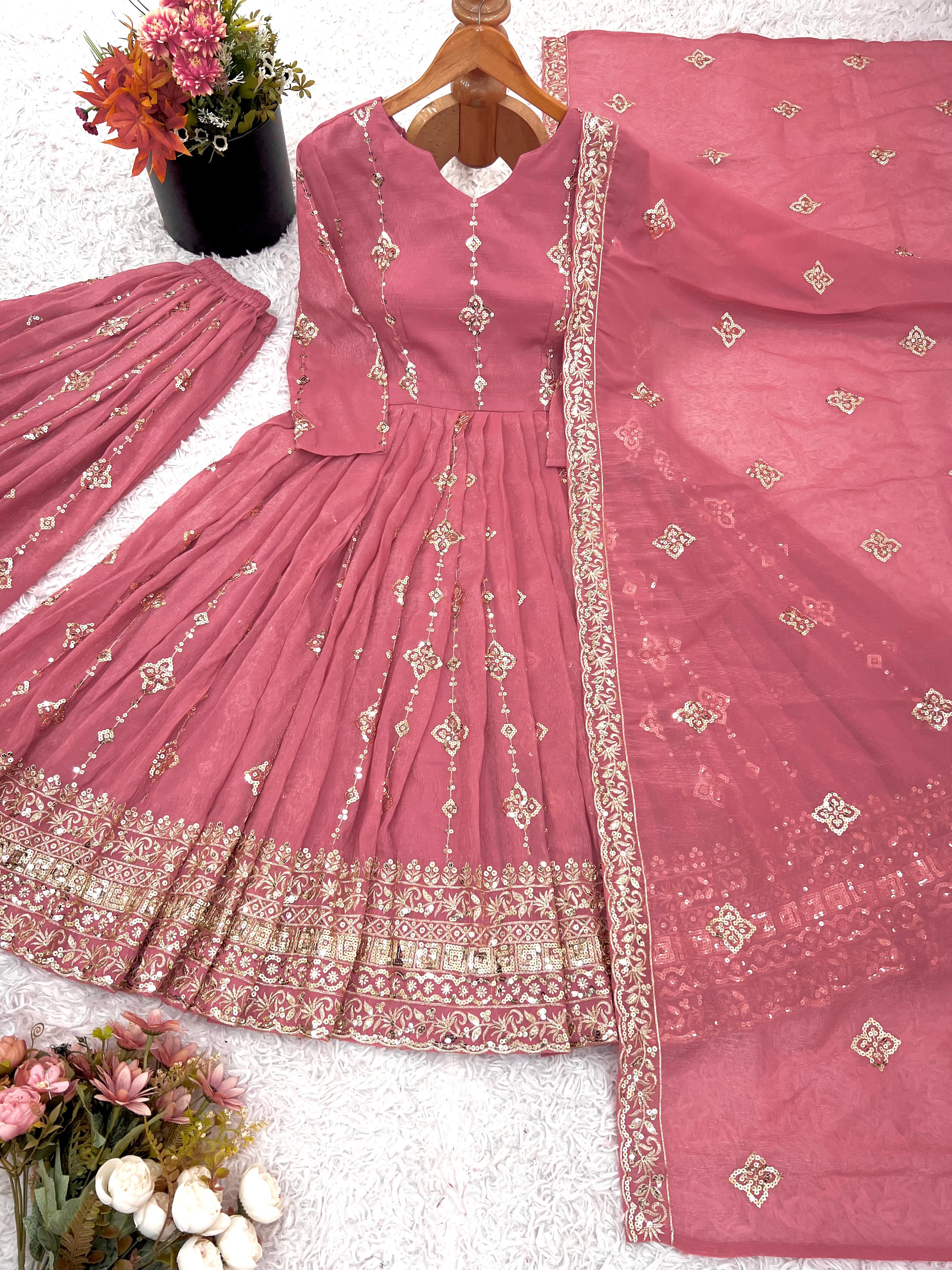 Rose Crunchy Silk Anarkali Gown With Sharara Set with Heavy Zari Embroidery