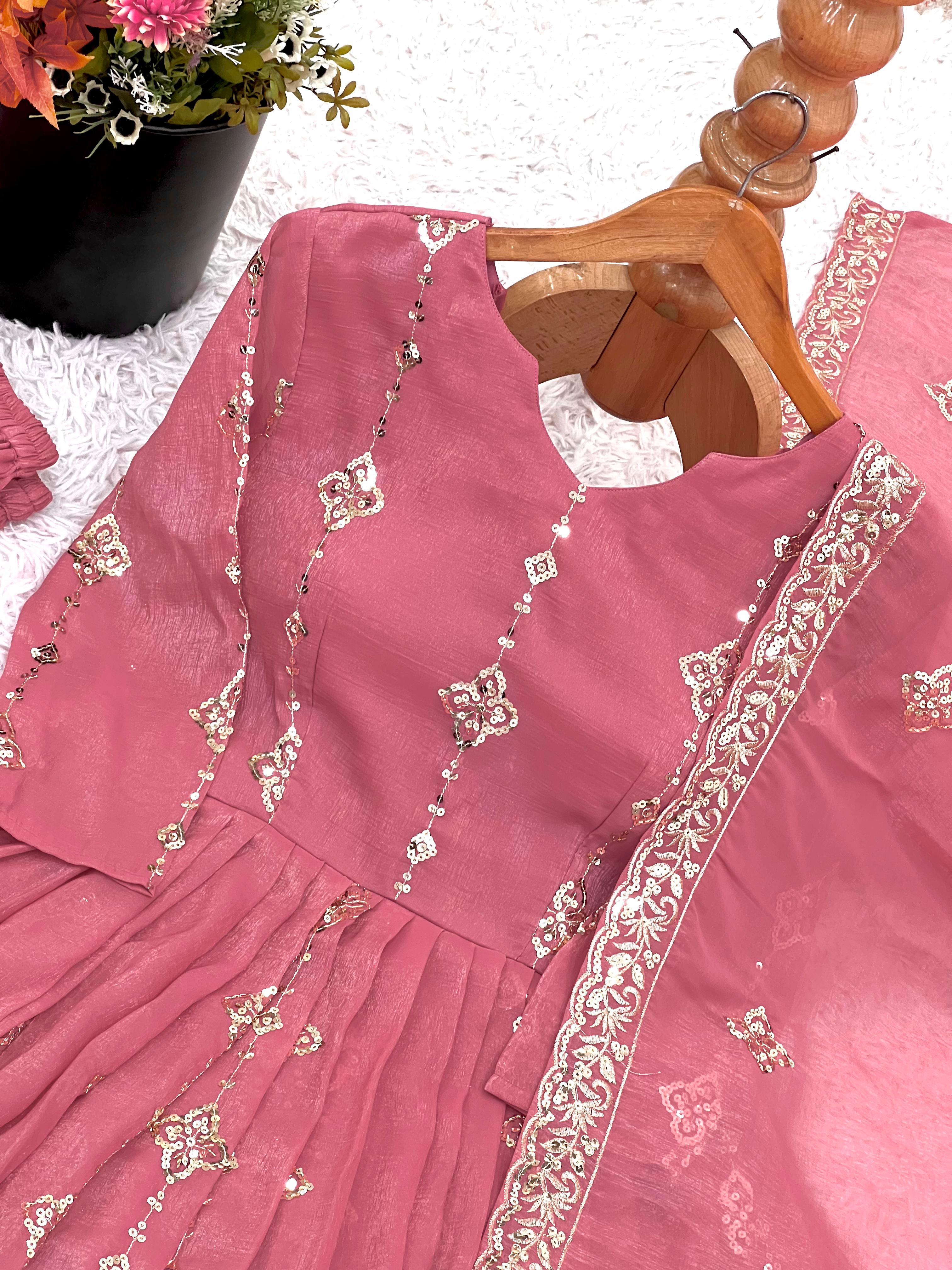 Rose Crunchy Silk Anarkali Gown With Sharara Set with Heavy Zari Embroidery