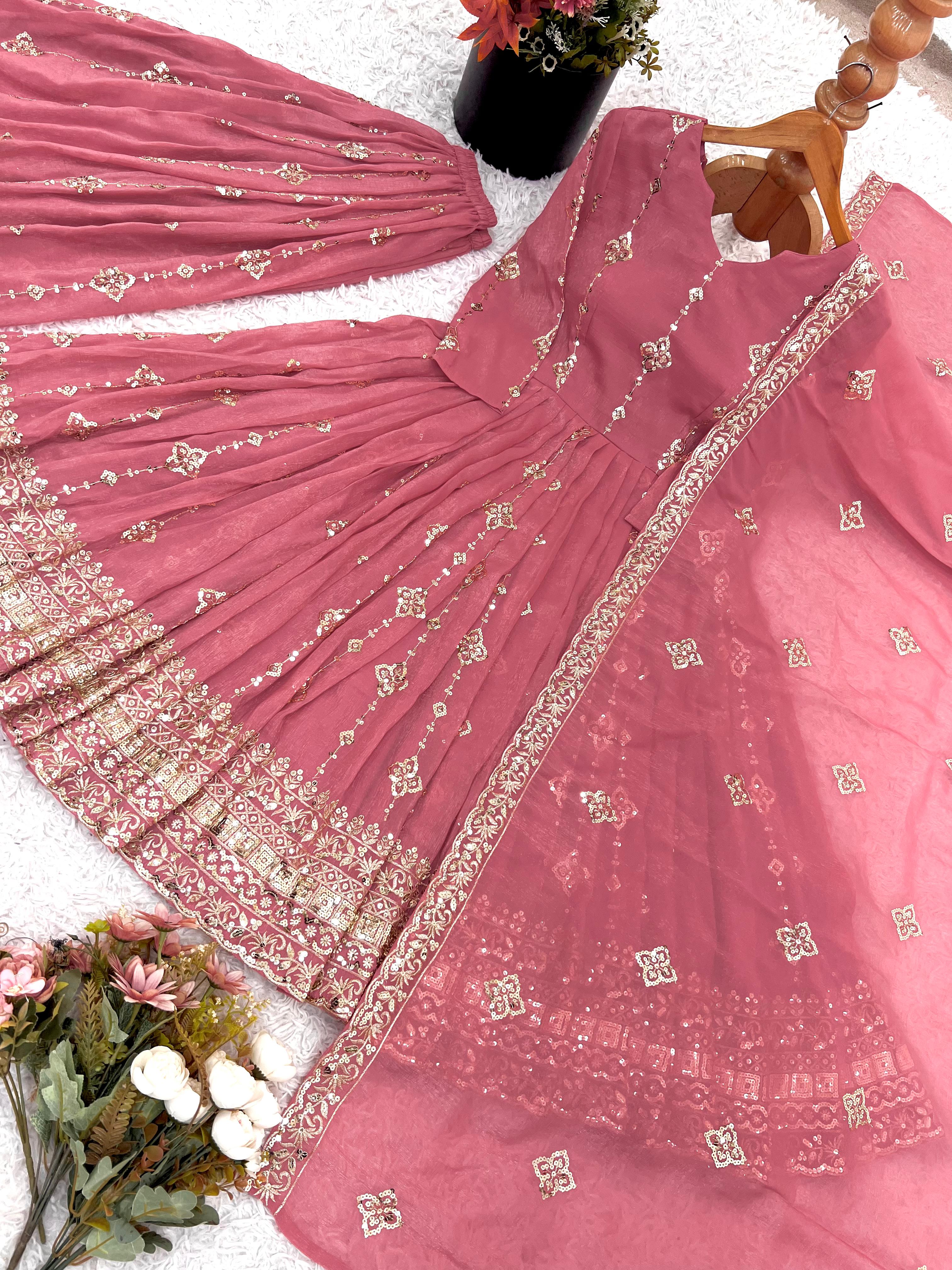 Rose Crunchy Silk Anarkali Gown With Sharara Set with Heavy Zari Embroidery