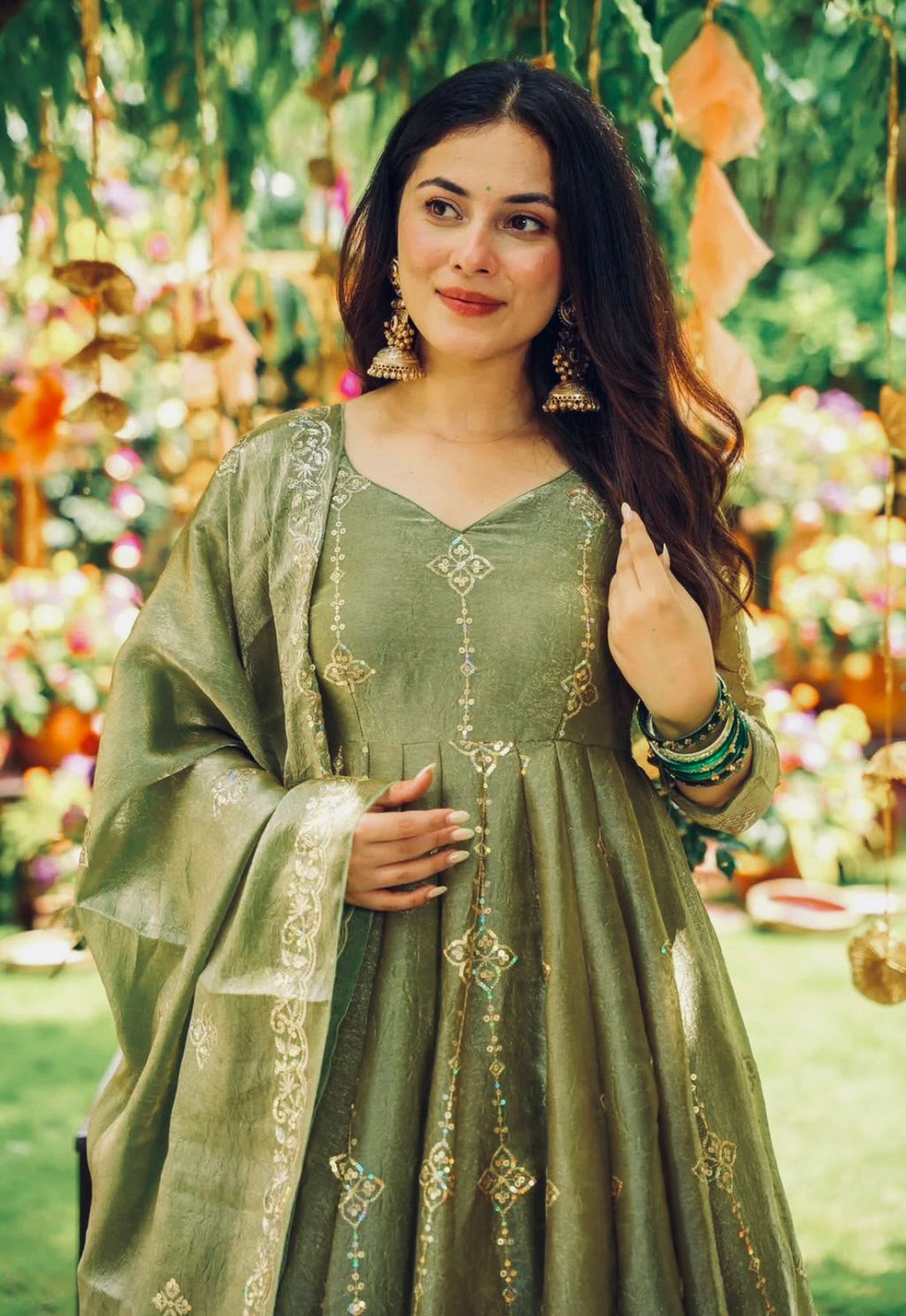 Rose Crunchy Silk Anarkali Gown With Sharara Set with Heavy Zari Embroidery