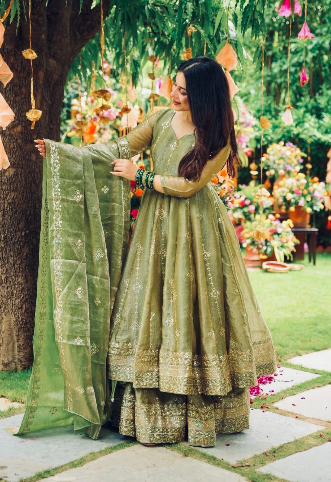 Rose Crunchy Silk Anarkali Gown With Sharara Set with Heavy Zari Embroidery
