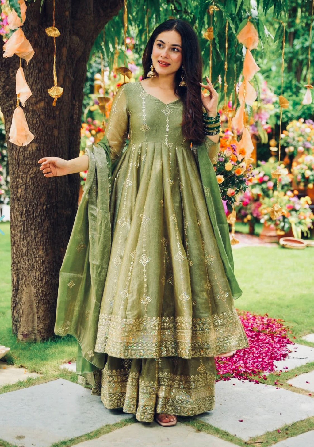 Rose Crunchy Silk Anarkali Gown With Sharara Set with Heavy Zari Embroidery