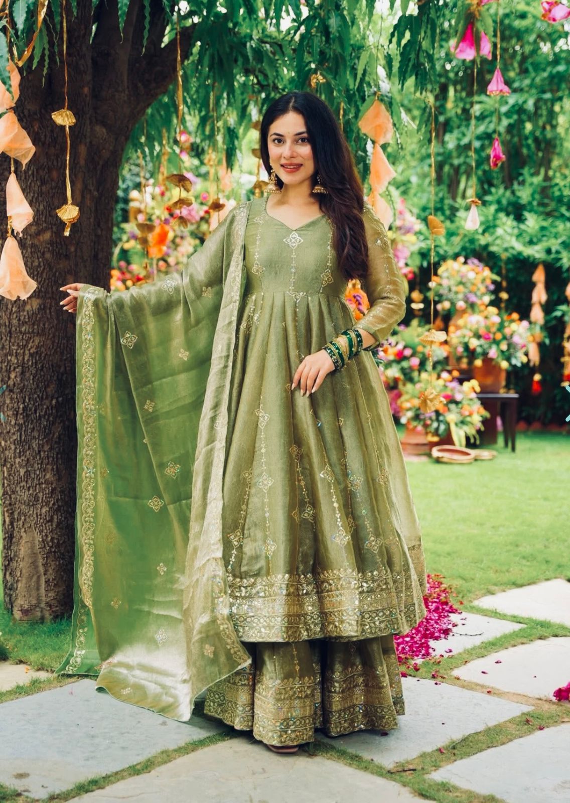Rose Crunchy Silk Anarkali Gown With Sharara Set with Heavy Zari Embroidery