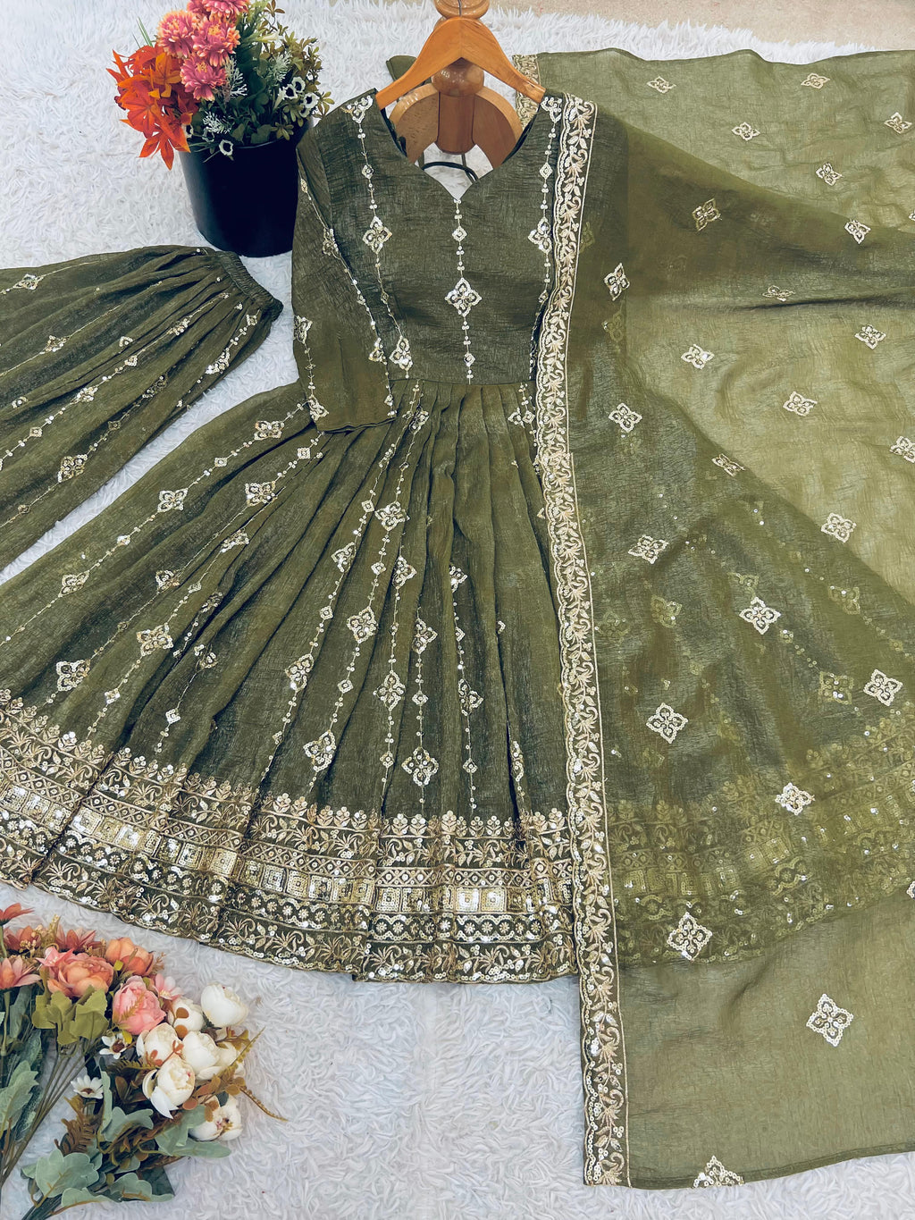 Rose Crunchy Silk Anarkali Gown With Sharara Set with Heavy Zari Embroidery