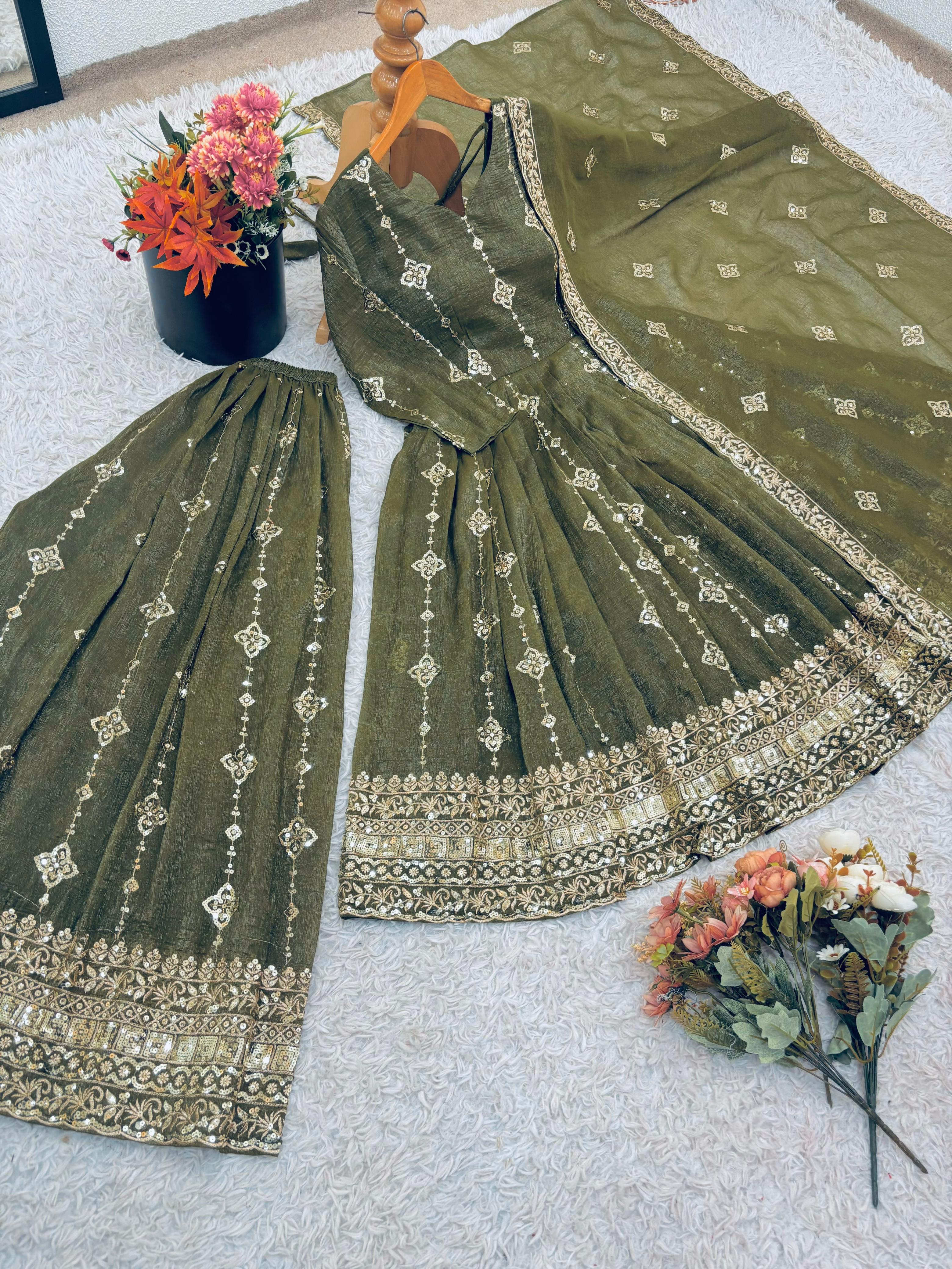 Rose Crunchy Silk Anarkali Gown With Sharara Set with Heavy Zari Embroidery