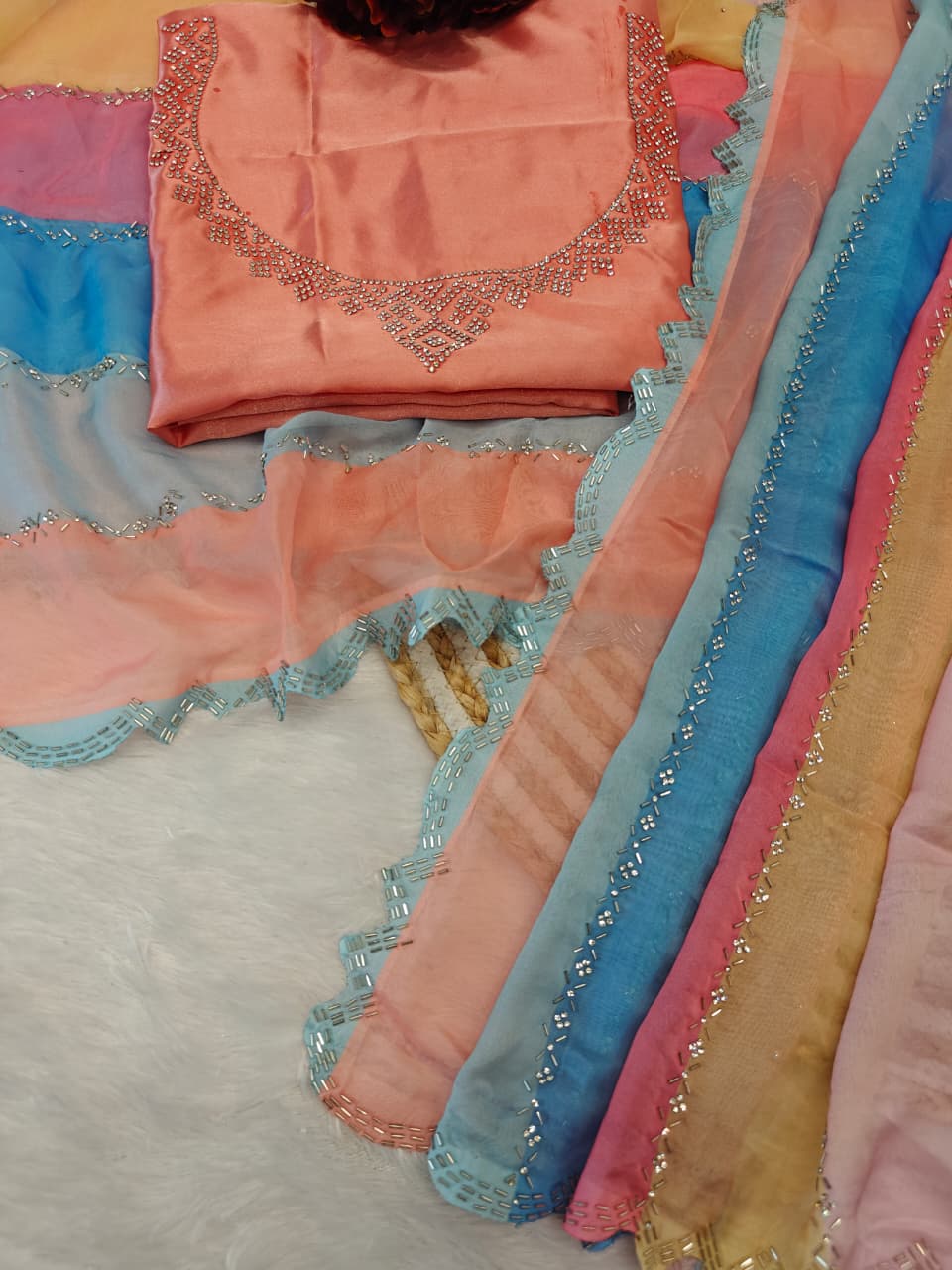 Multicolor Light Rainbow Tabby Silk Saree with Zarkhan Work