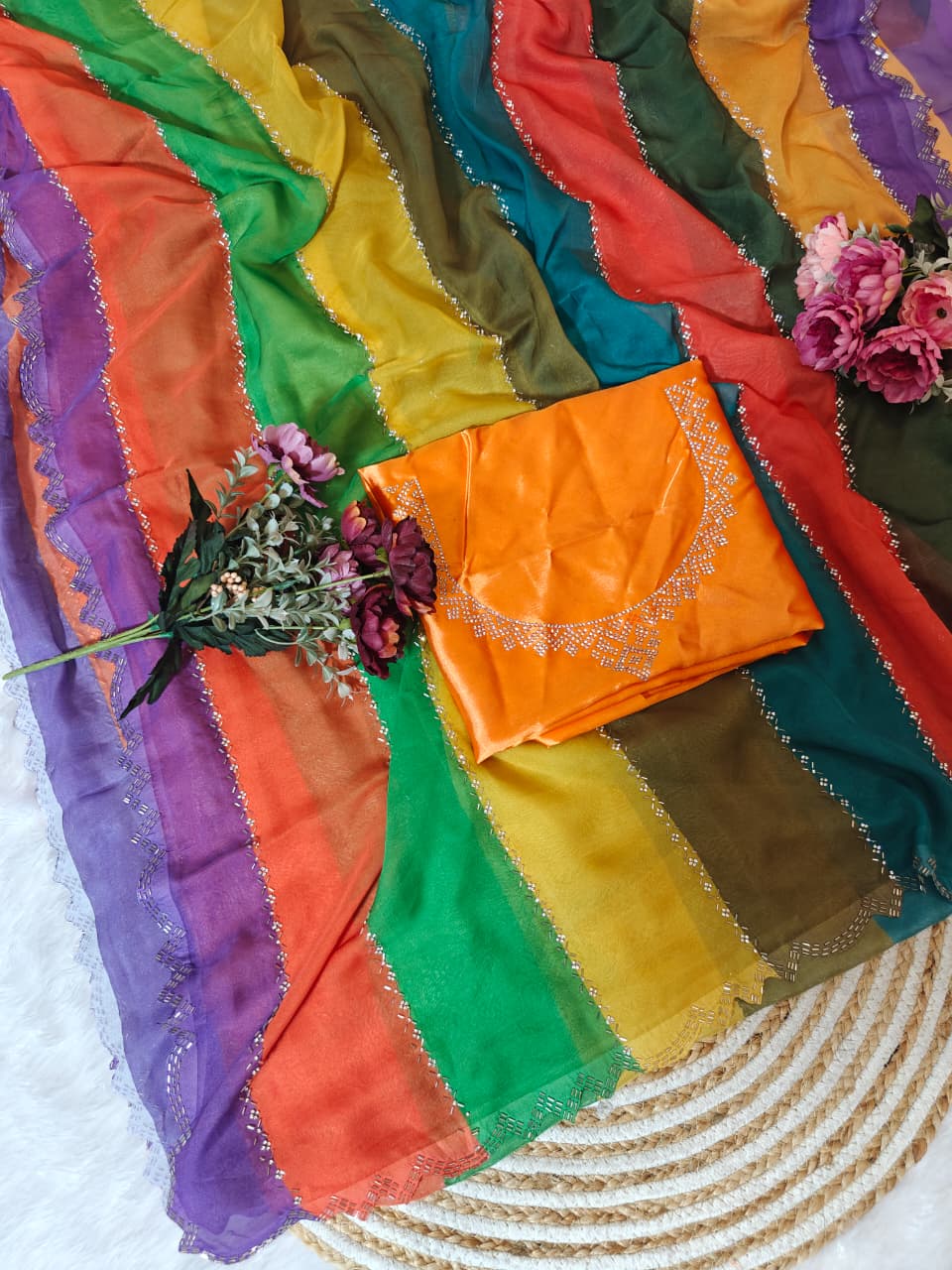 Multicolor Rainbow Tabby Silk Saree with Zarkhan Work